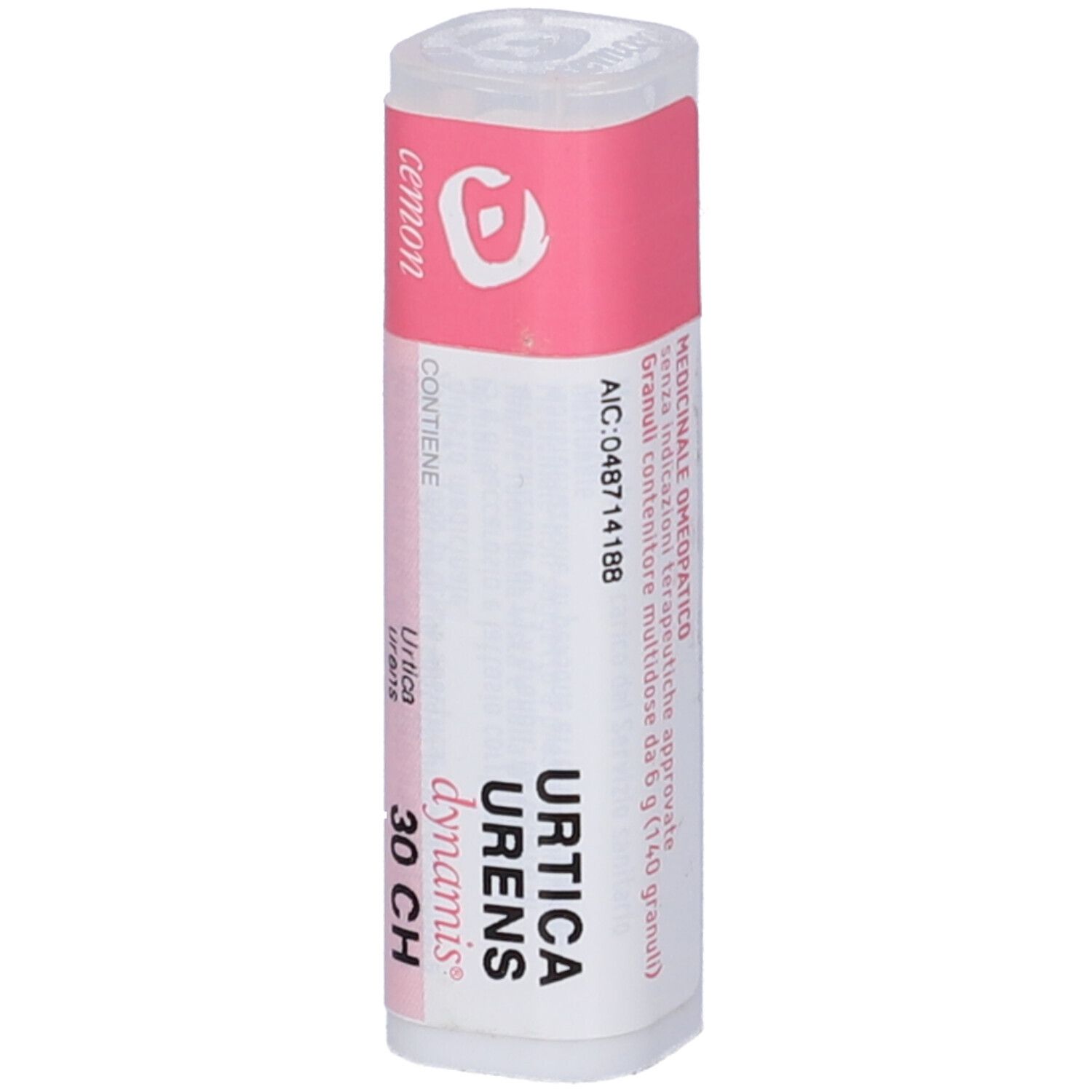 Confezione cilindrica con etichetta rosa. Scritta: Urtica Urens Dynamis 30 CH. Marchio: Cemon. Contiene granuli.