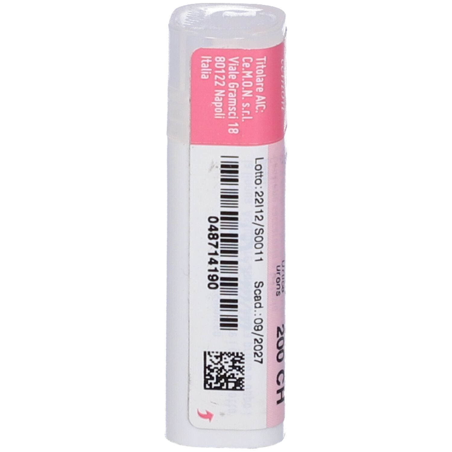 Confezione cilindrica con etichetta rosa. Codice a barre e numero di lotto. Nome prodotto Urtica Urens Dynamis 200 CH. Scadenza 09/2027.