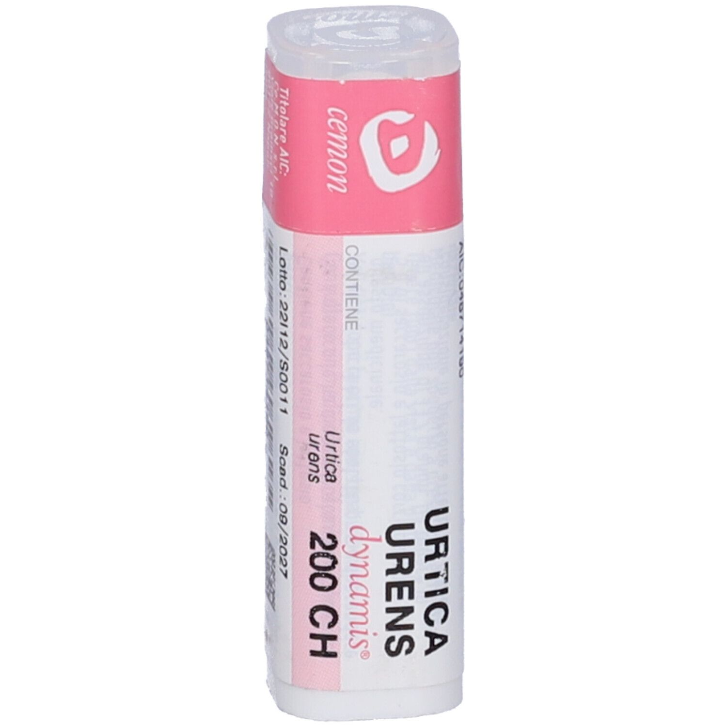 Confezione multidose cilindrica. Etichetta rosa con logo CEMON e nome prodotto Urtica Urens Dynamis 200 CH. Tappo trasparente.