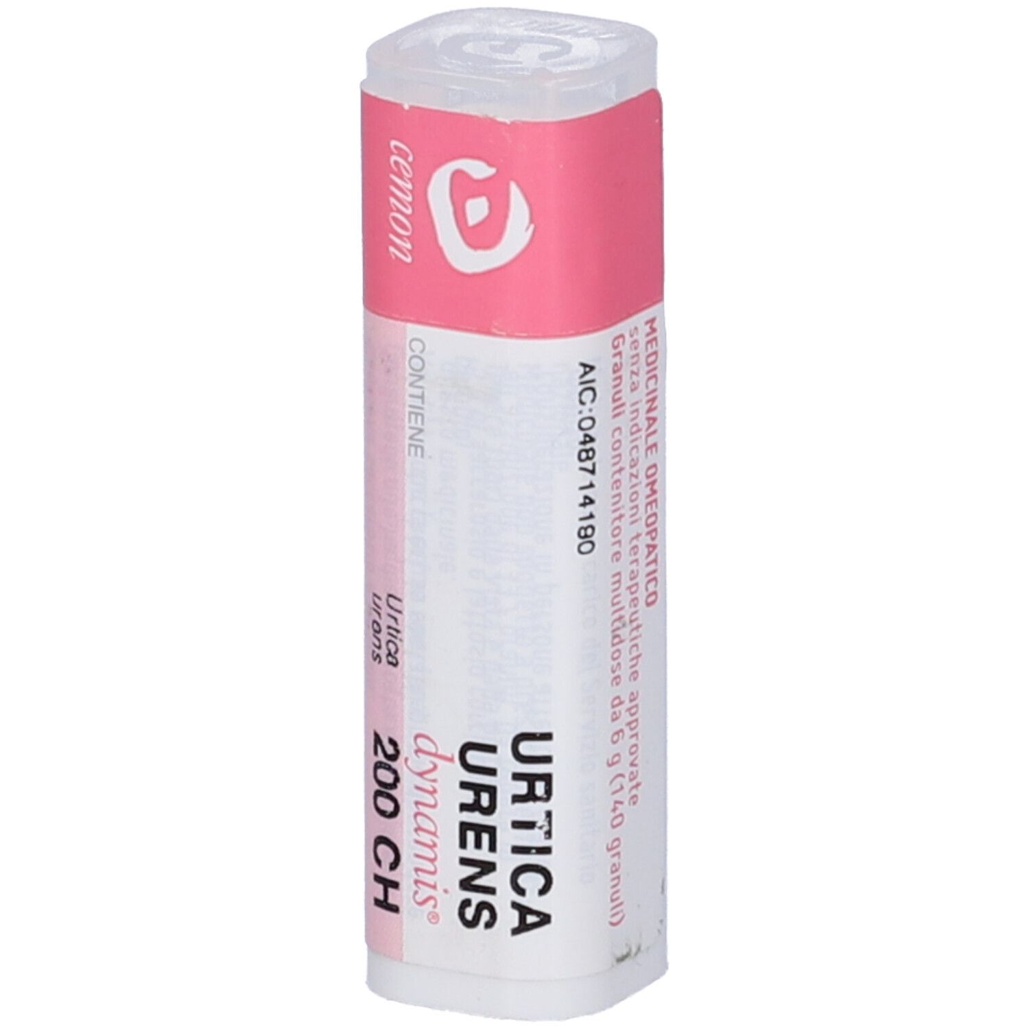 Confezione cilindrica con etichetta rosa. Nome prodotto Urtica Urens Dynamis 200 CH. Logo CEMON. Tappo trasparente. Contenitore multidose.