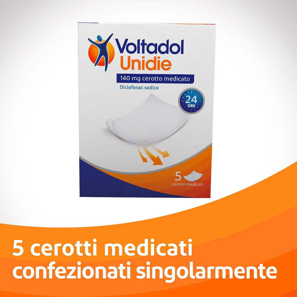 Scatola Voltadol Unidie. 5 cerotti medicati confezionati singolarmente. Sfondo arancione.