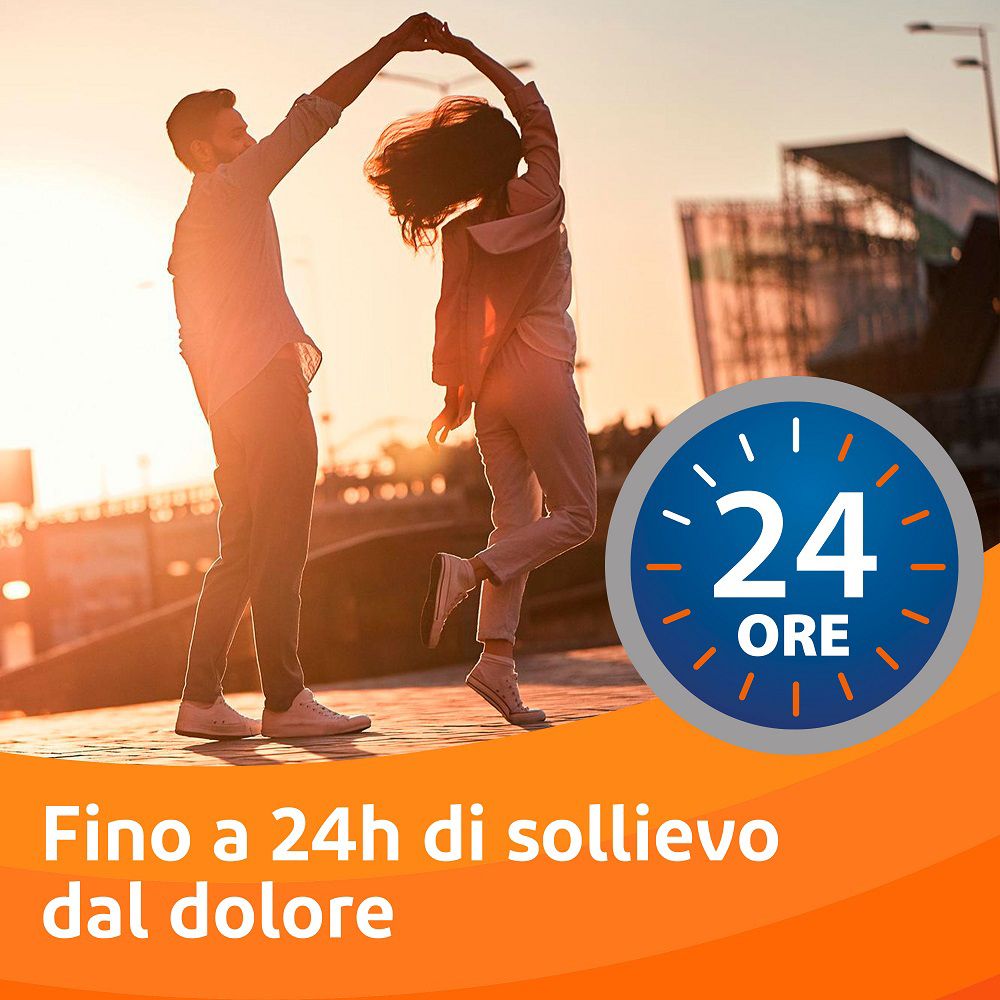 Coppia che balla. Testo: Fino a 24h di sollievo dal dolore. Simbolo orologio.