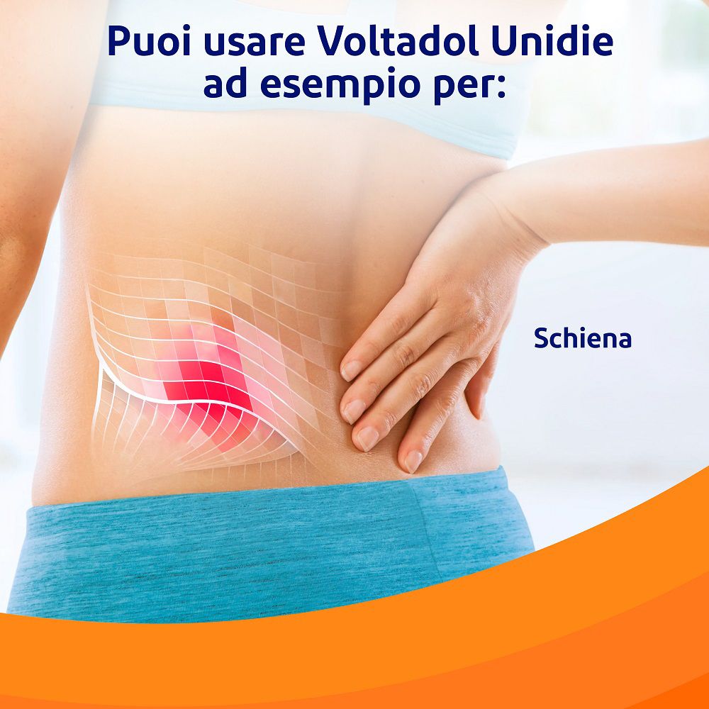 Schiena con cerotto. Testo: Puoi usare Voltadol Unidie ad esempio per: Schiena.