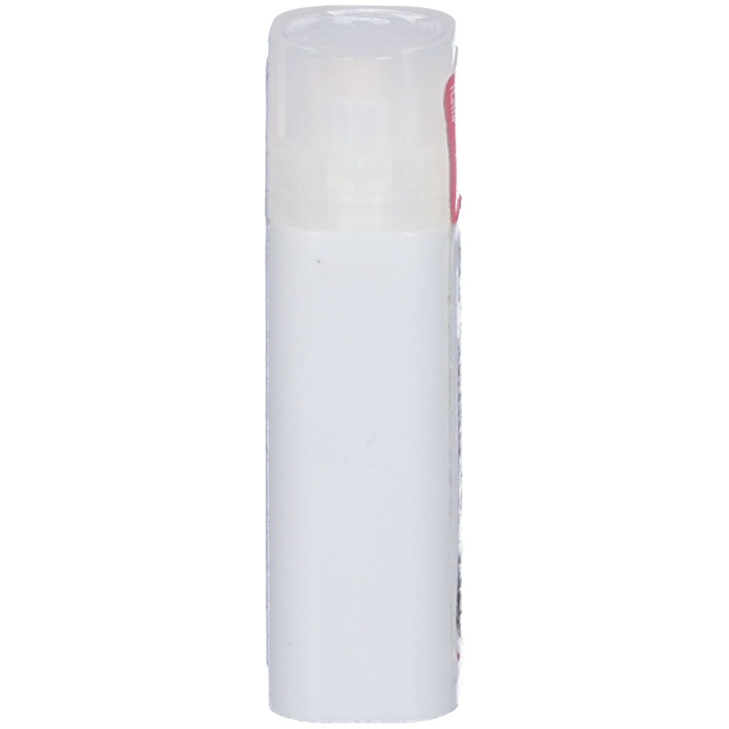 Flacone cilindrico bianco con coperchio trasparente. Etichetta rosa in alto.