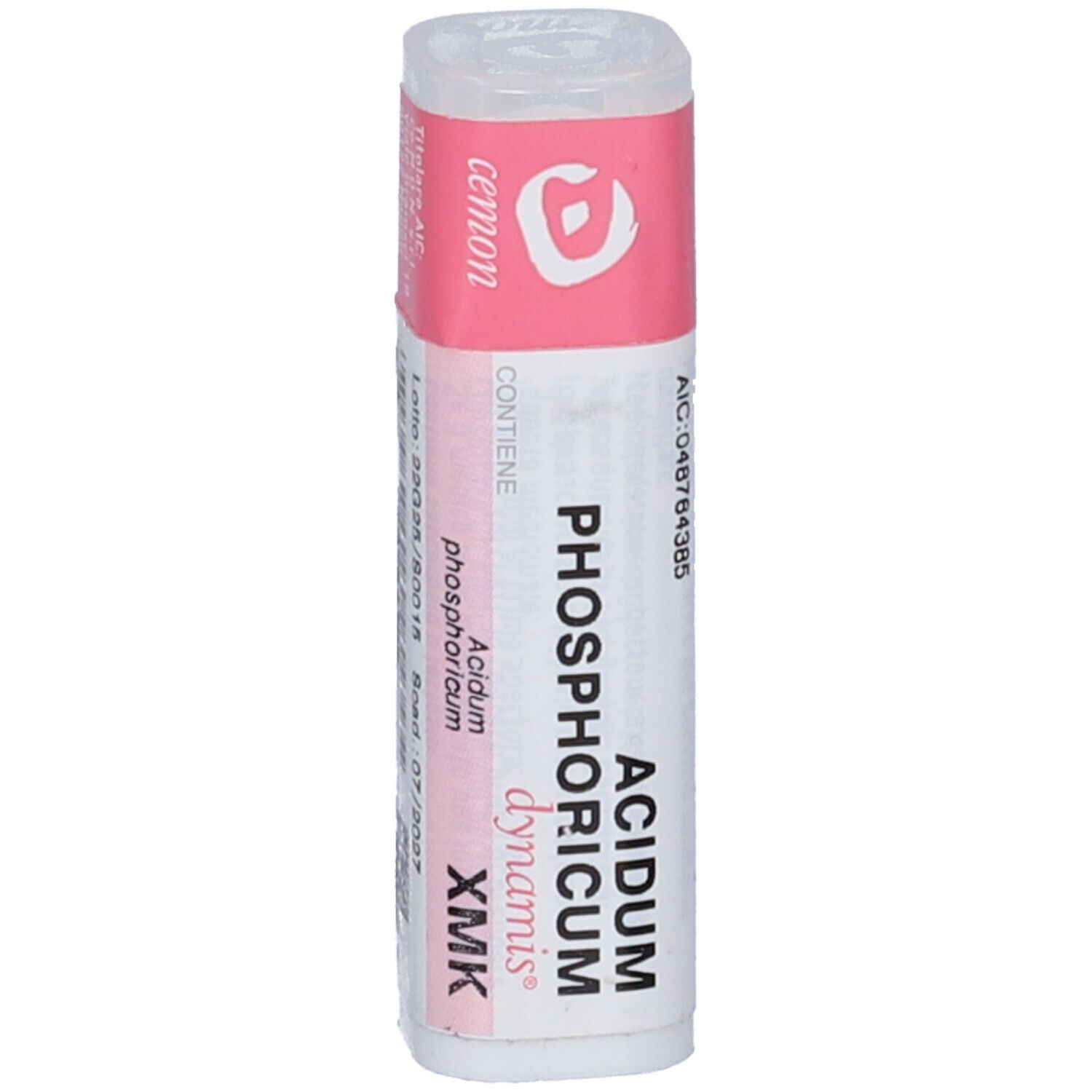 Flacone cilindrico con etichetta rosa e bianca. Scritta: Acidum phosphoricum dynamis XMK. Marchio: Cemon.