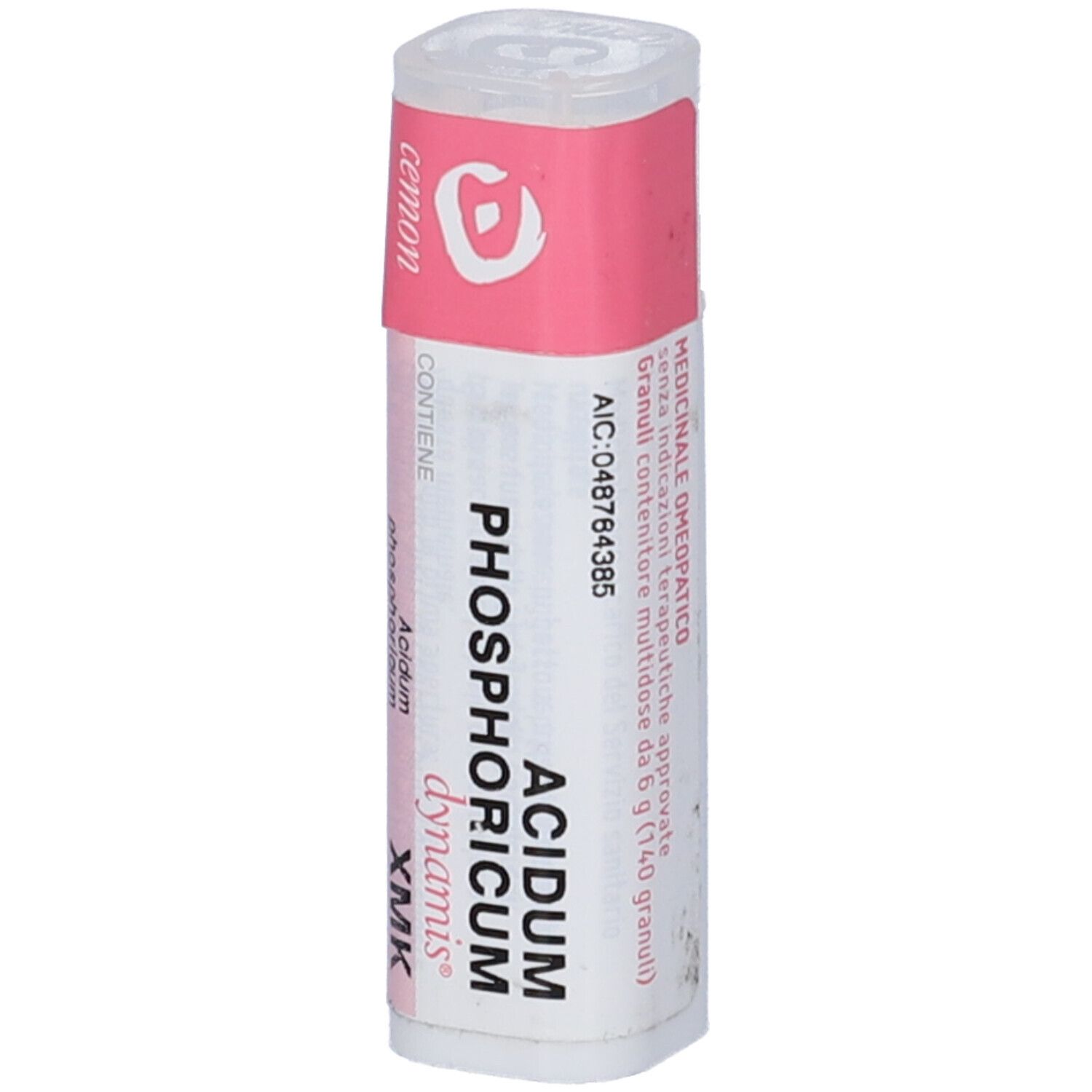 Flacone cilindrico con etichetta rosa e bianca. Scritta: Acidum phosphoricum dynamis XMK. Marchio: Cemon.