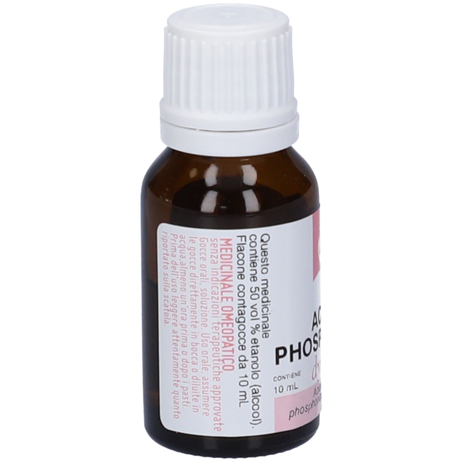 Flacone di vetro marrone con tappo bianco. Etichetta con informazioni sul prodotto.