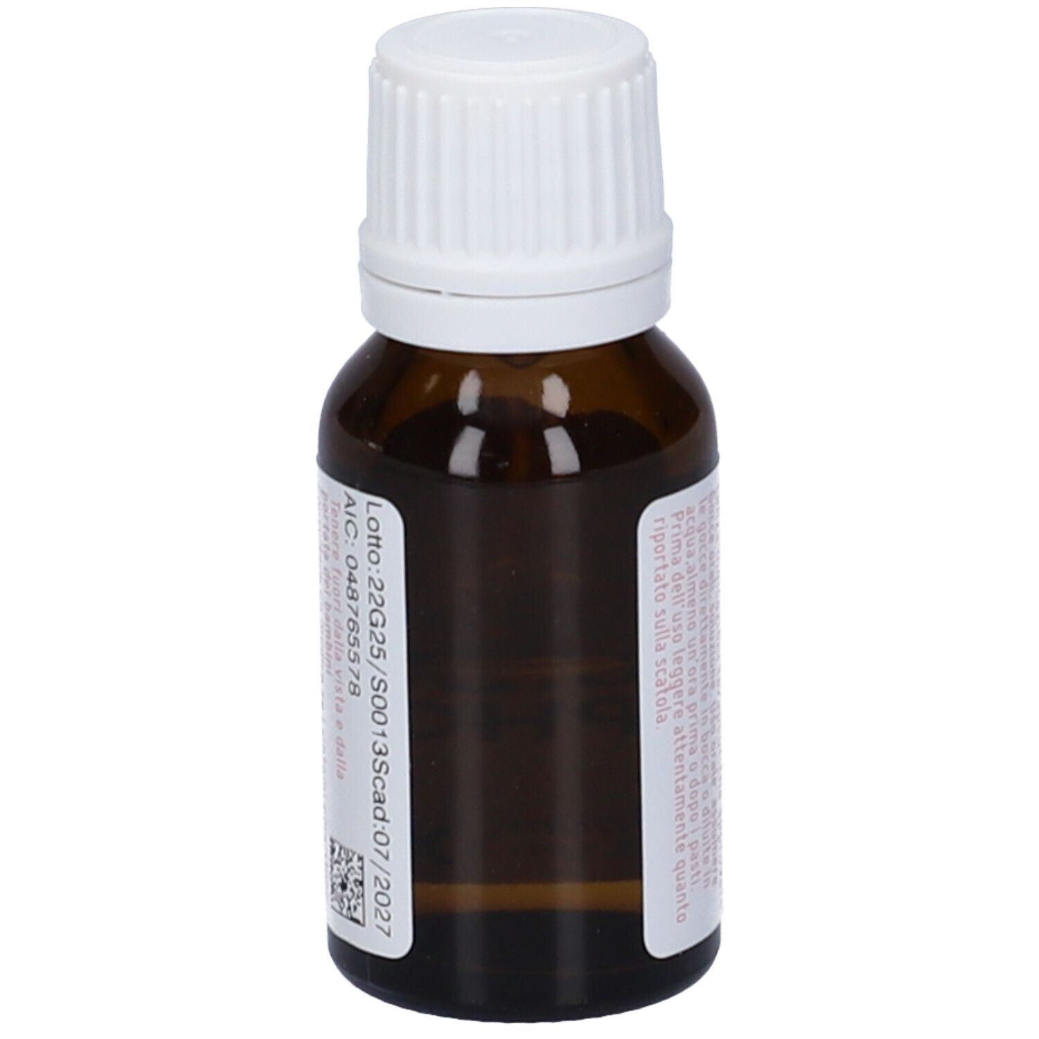 Flacone di vetro marrone con tappo bianco. Etichetta con numero di lotto e data di scadenza.