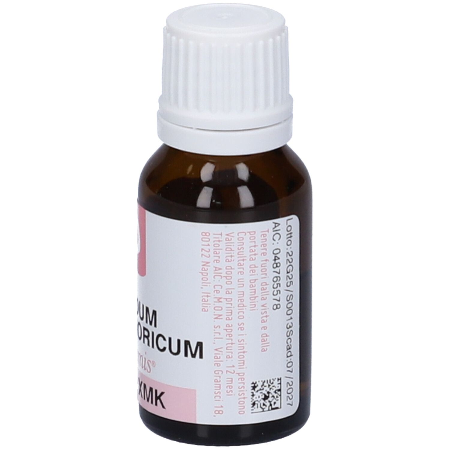 Flacone di vetro marrone con tappo bianco. Etichetta con informazioni e codice QR.