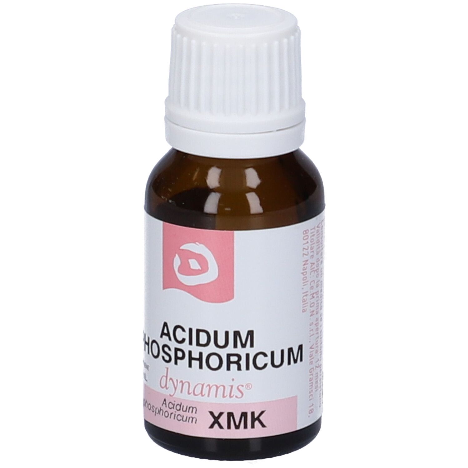 Flacone di vetro marrone con tappo bianco. Etichetta con nome del prodotto e logo.