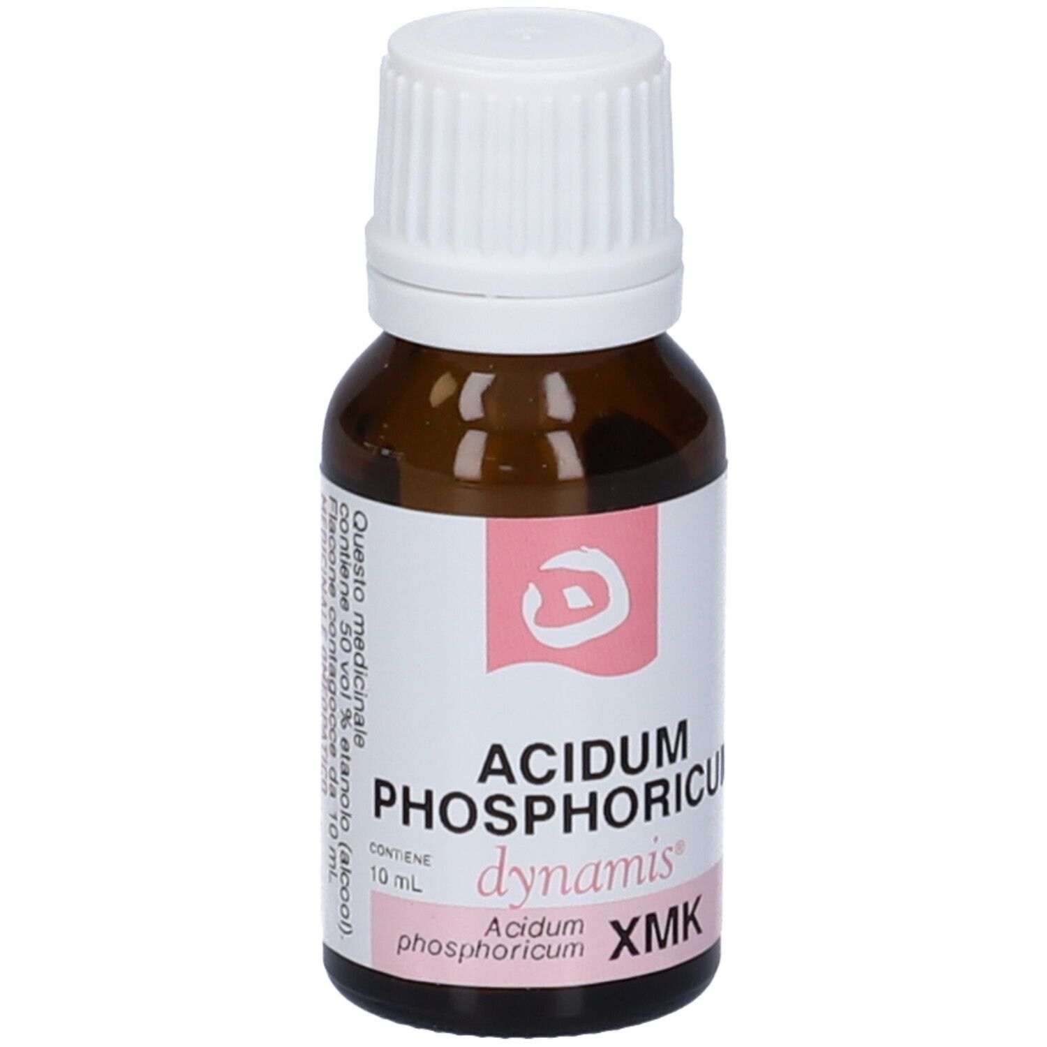 Flacone di vetro marrone con tappo bianco. Etichetta con nome del prodotto e logo.