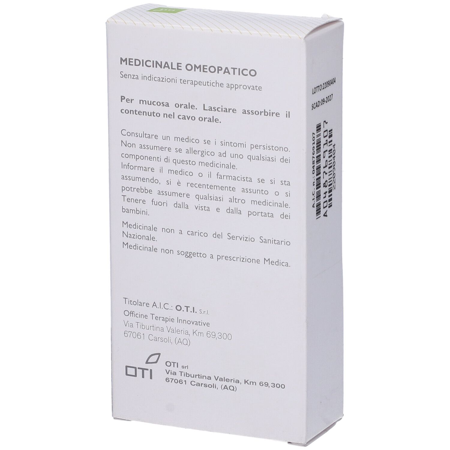 Retro della scatola di cartone bianca. Testo con informazioni sul prodotto e indirizzo del produttore. Logo OTI in basso.