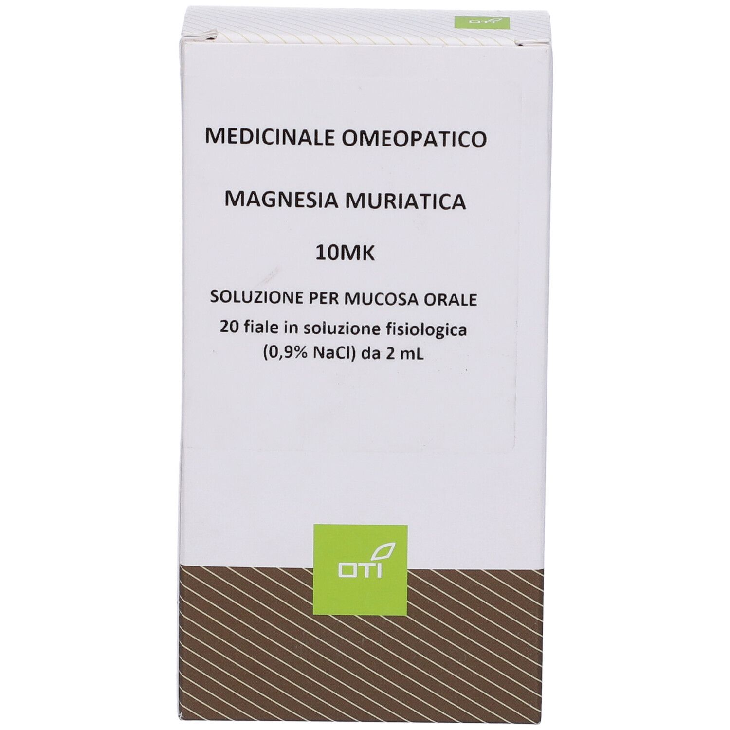 Scatola di cartone bianca con informazioni sul prodotto. Logo OTI in basso. Scritta: Magnesia Muriatica 10MK, 20 Fiale.