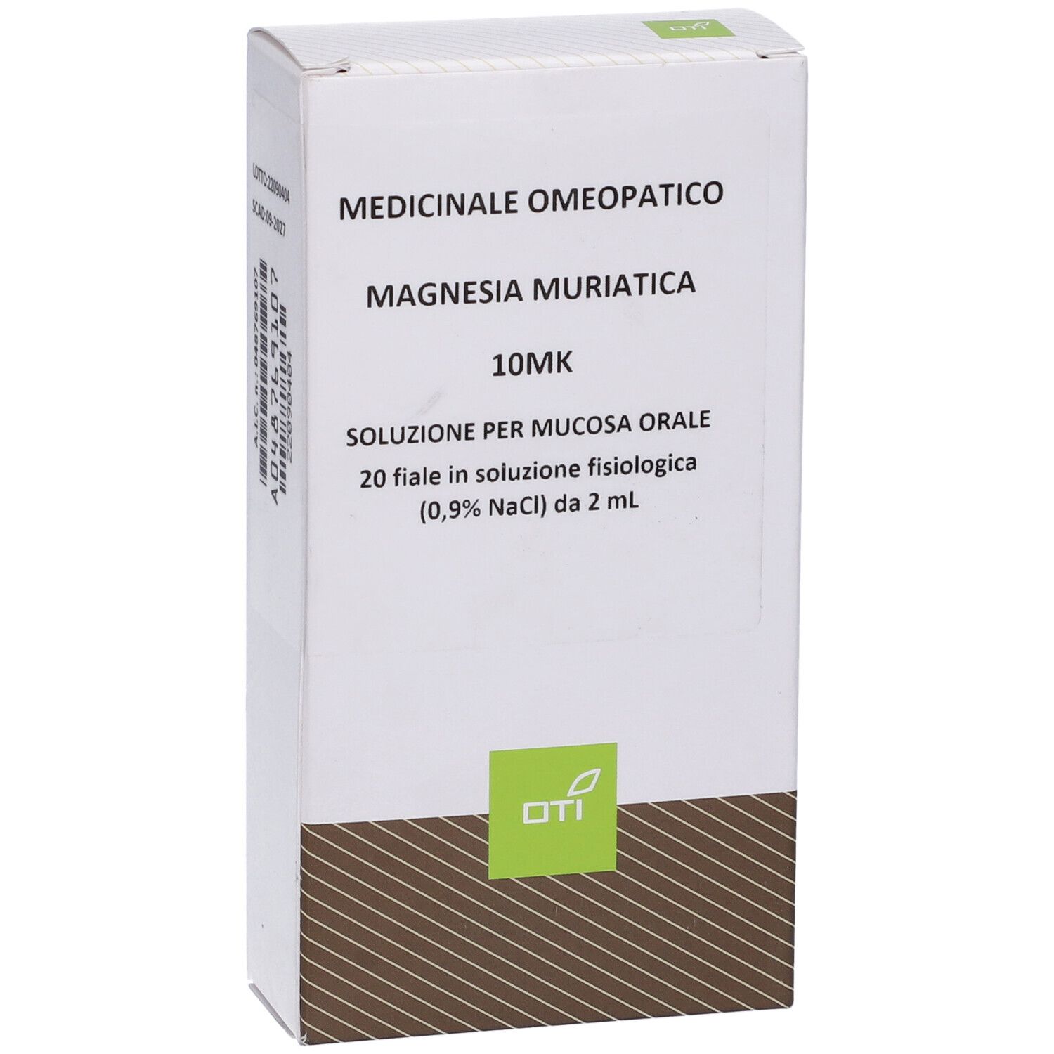 Scatola di cartone bianca con informazioni sul prodotto. Logo OTI in basso. Scritta: Magnesia Muriatica 10MK, 20 Fiale.