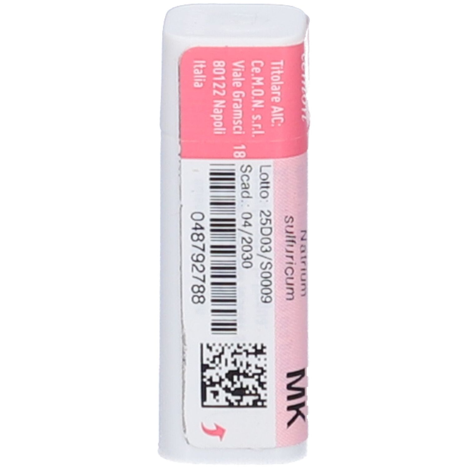 Contenitore cilindrico con etichetta rosa e bianca. Testo: Lotto, Scad. 04/2030, codice a barre, indirizzo.