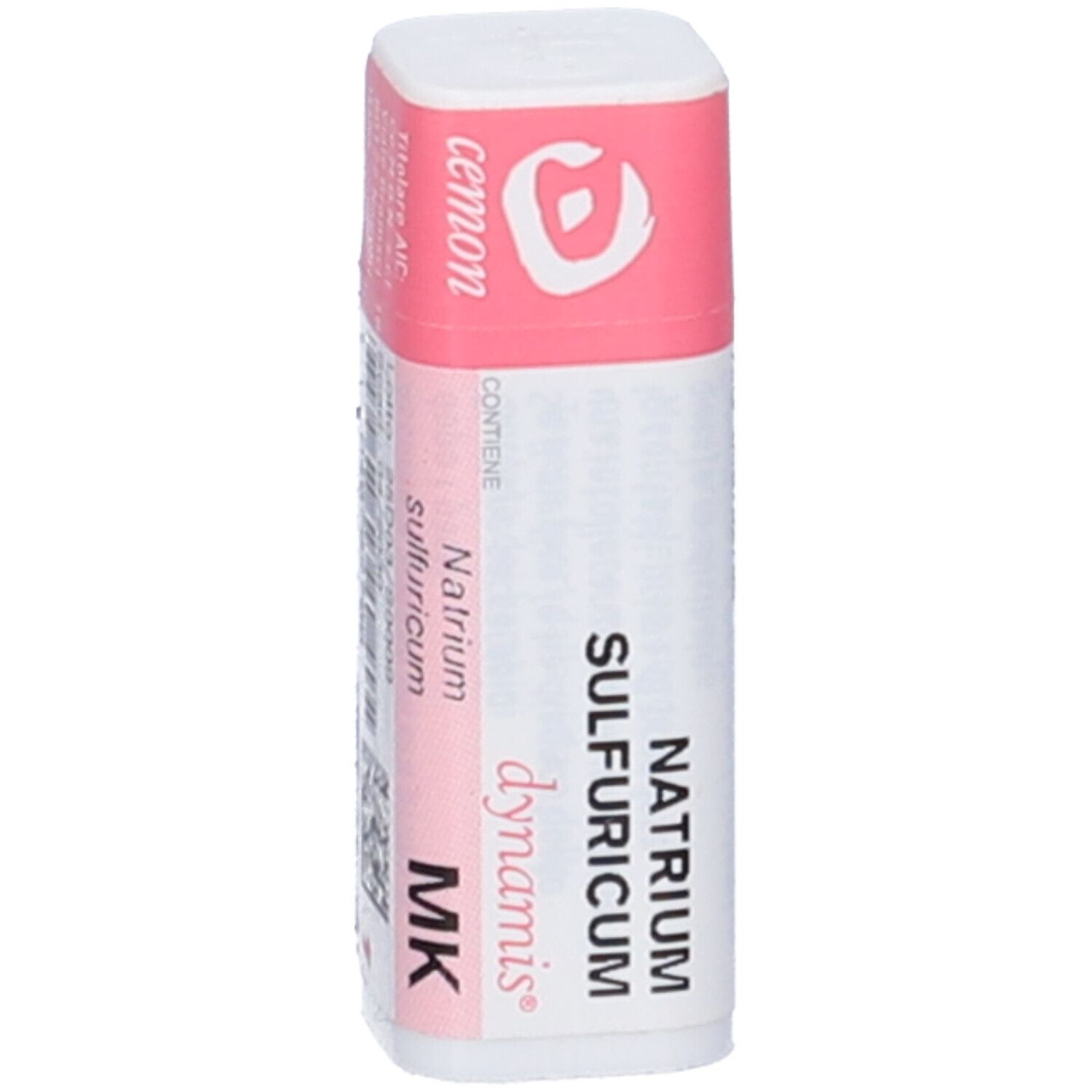 Contenitore cilindrico con etichetta rosa e bianca. Testo: Natrium Sulfuricum dynamis MK. Marchio: cemon.