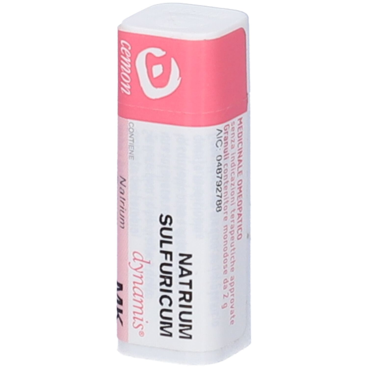 Contenitore cilindrico con etichetta rosa e bianca. Testo: Natrium Sulfuricum, Granuli, cemon.