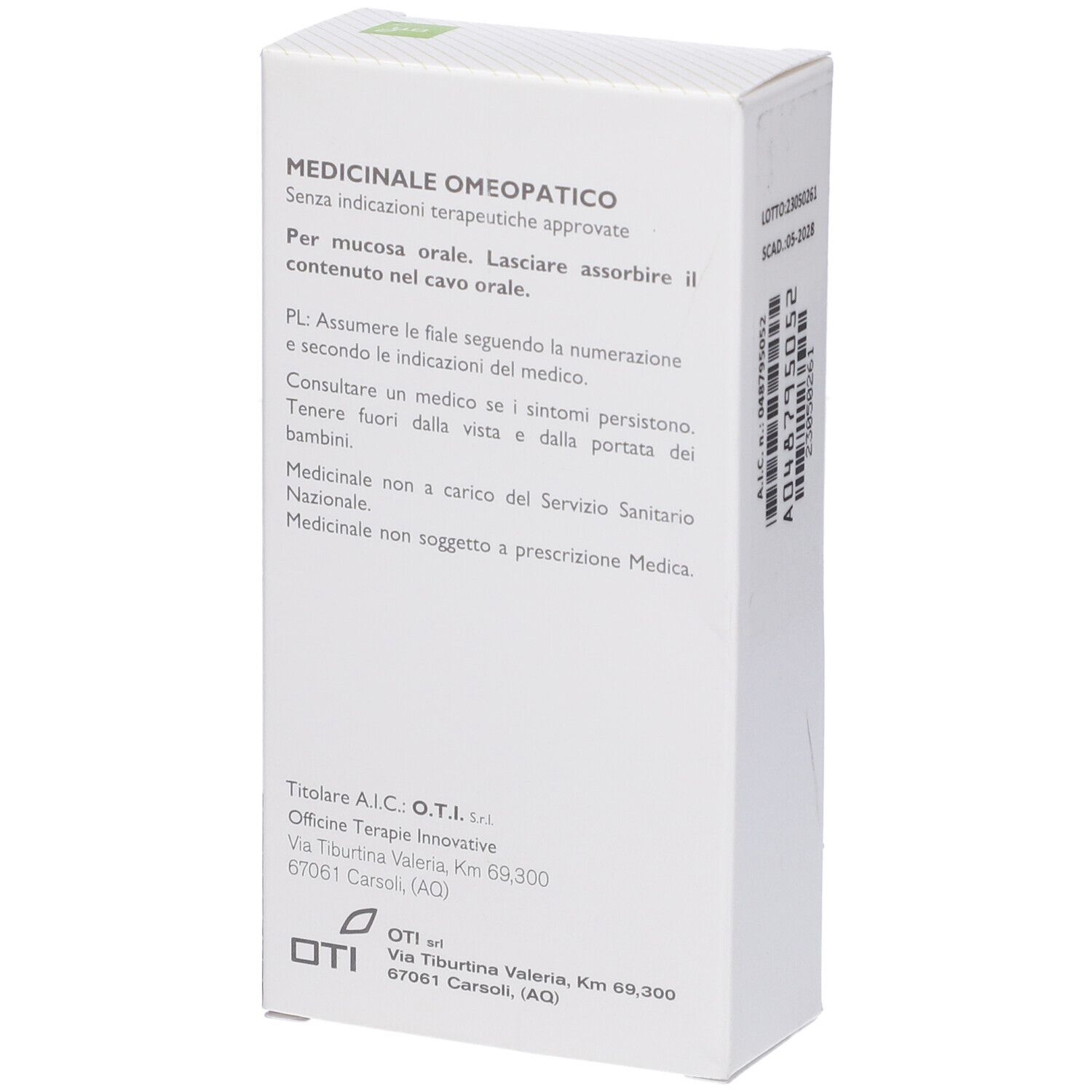 Scatola bianca, retro. Testo: 'Medicinale Omeopatico', istruzioni, informazioni produttore e logo.