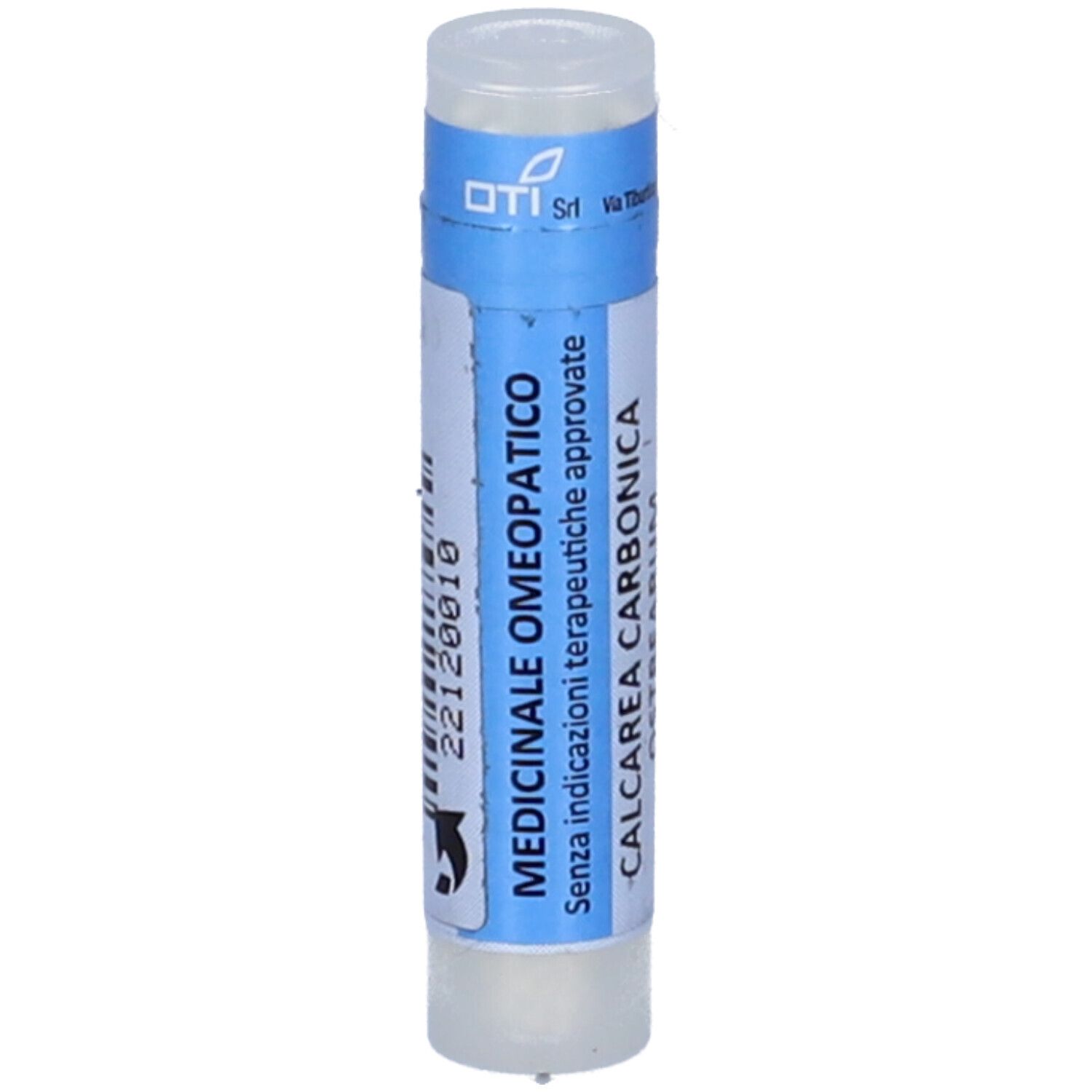 Confezione cilindrica con fascia blu. Scritta: Medicinale Omeopatico, Calcarea Carbonica. Tappo e base bianchi.