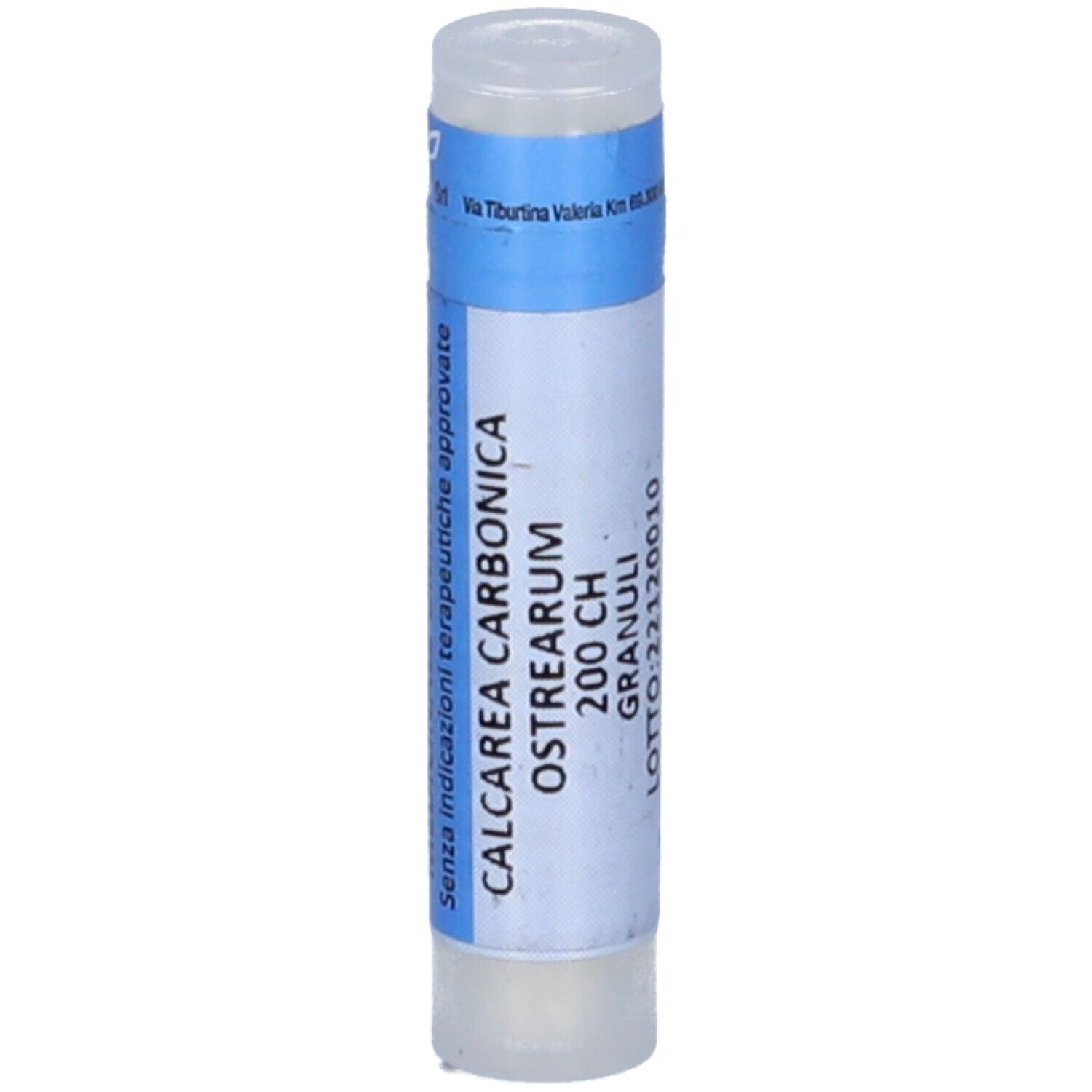 Confezione cilindrica con fascia blu. Scritta: Calcarea Carbonica Ostrearum 200 CH Granuli. Tappo e base bianchi.