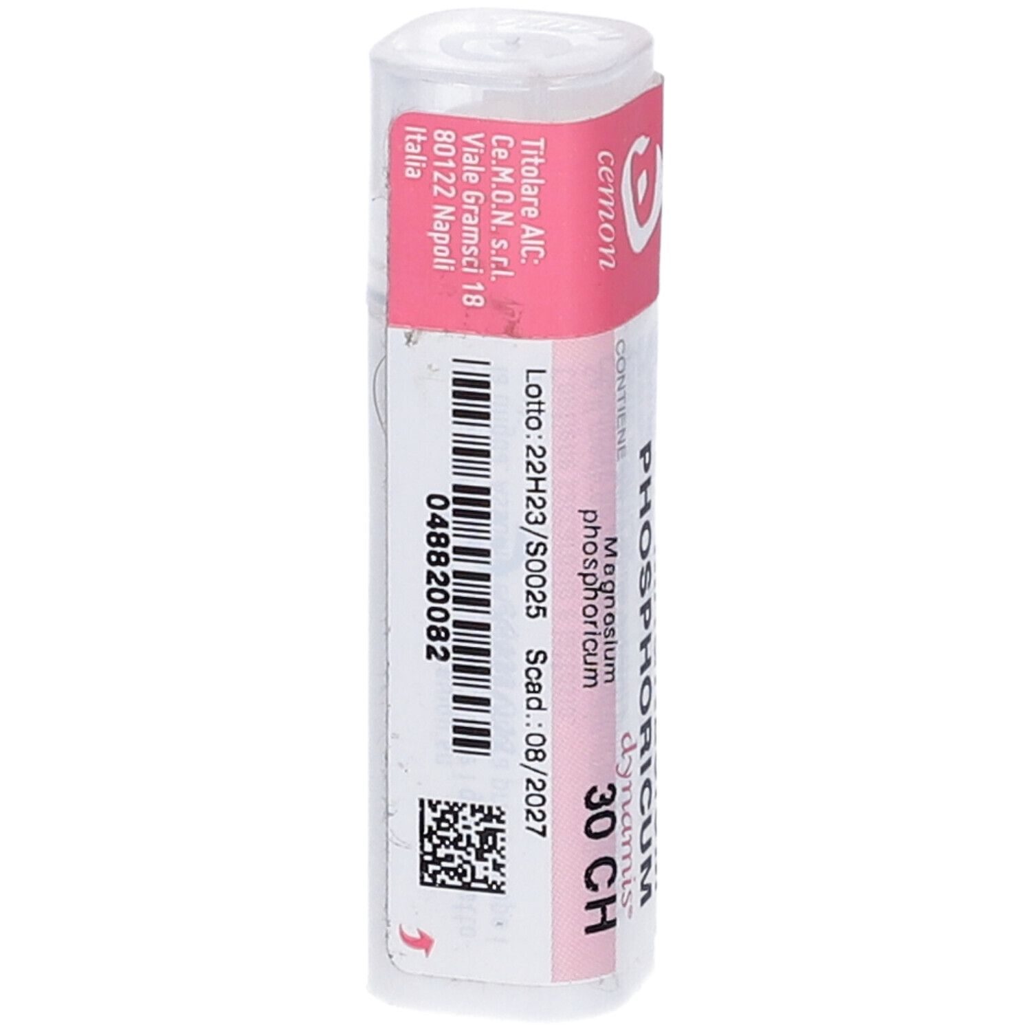 Contenitore cilindrico con etichetta rosa. Scritta: Magnesium Phosphoricum dynamis 30 CH. Codice a barre e numero di lotto.