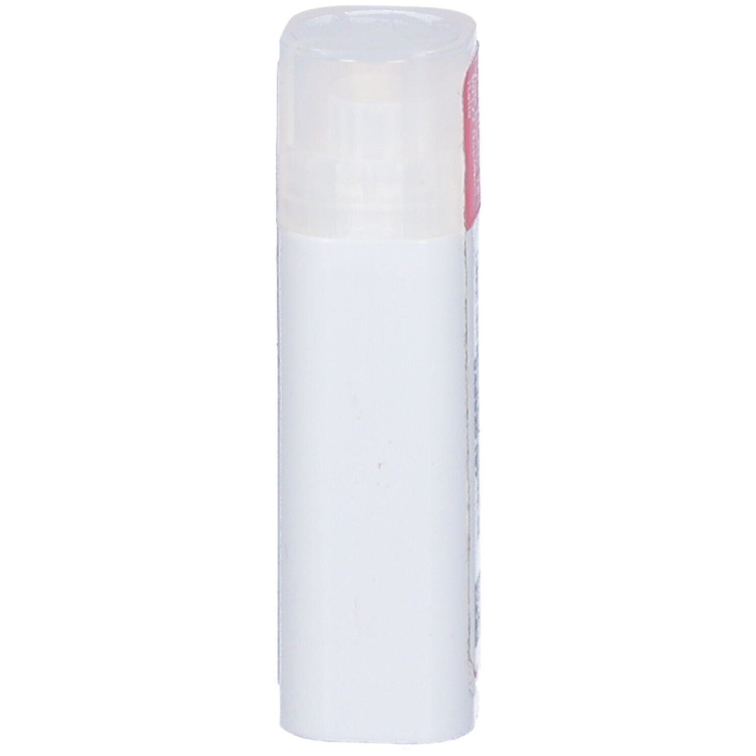 Flacone cilindrico bianco, senza scritte, con coperchio trasparente. Vista verticale.