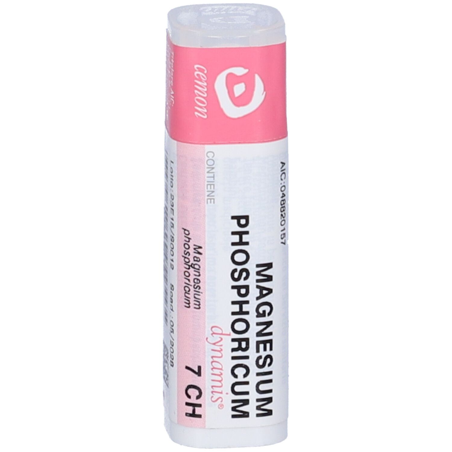 Flacone cilindrico bianco con fascia rosa. Scritta: Magnesium phosphoricum dynamis 7 CH. Marchio: cemon.