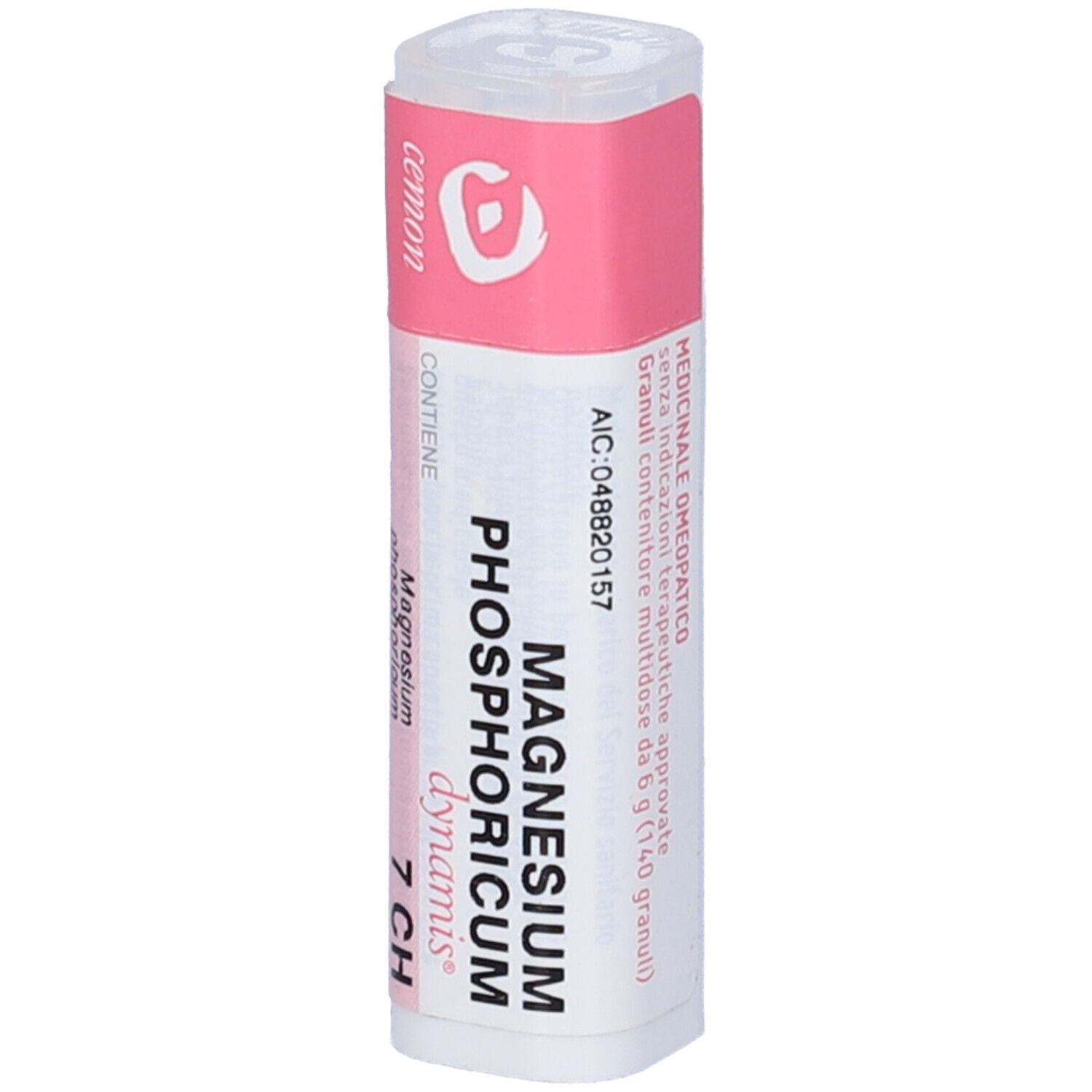 Flacone cilindrico bianco con fascia rosa. Scritta: Magnesium phosphoricum dynamis 7 CH. Marchio: cemon.