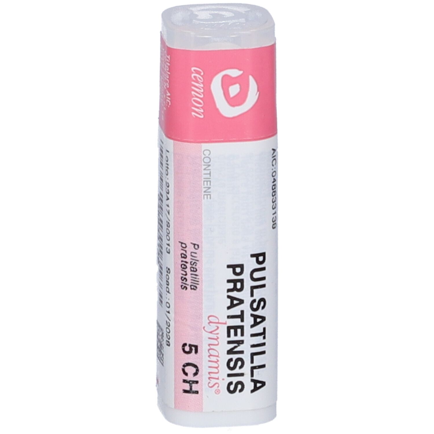 Flacone cilindrico con etichetta rosa. Scritta: Pulsatilla Pratensis dynamis 5 CH. Marchio Cemon.