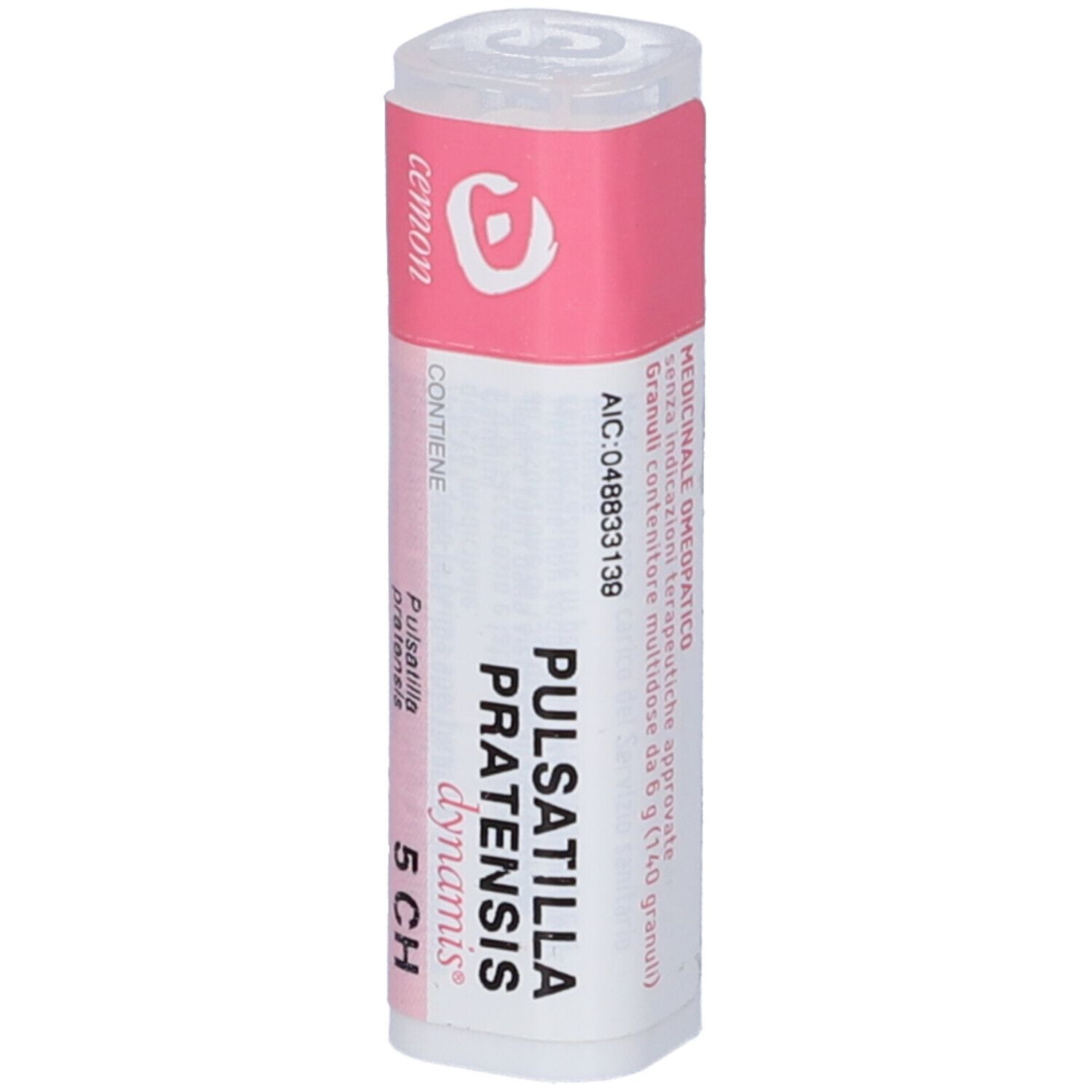 Flacone cilindrico con etichetta rosa. Scritta: Pulsatilla Pratensis dynamis 5 CH. Marchio Cemon.