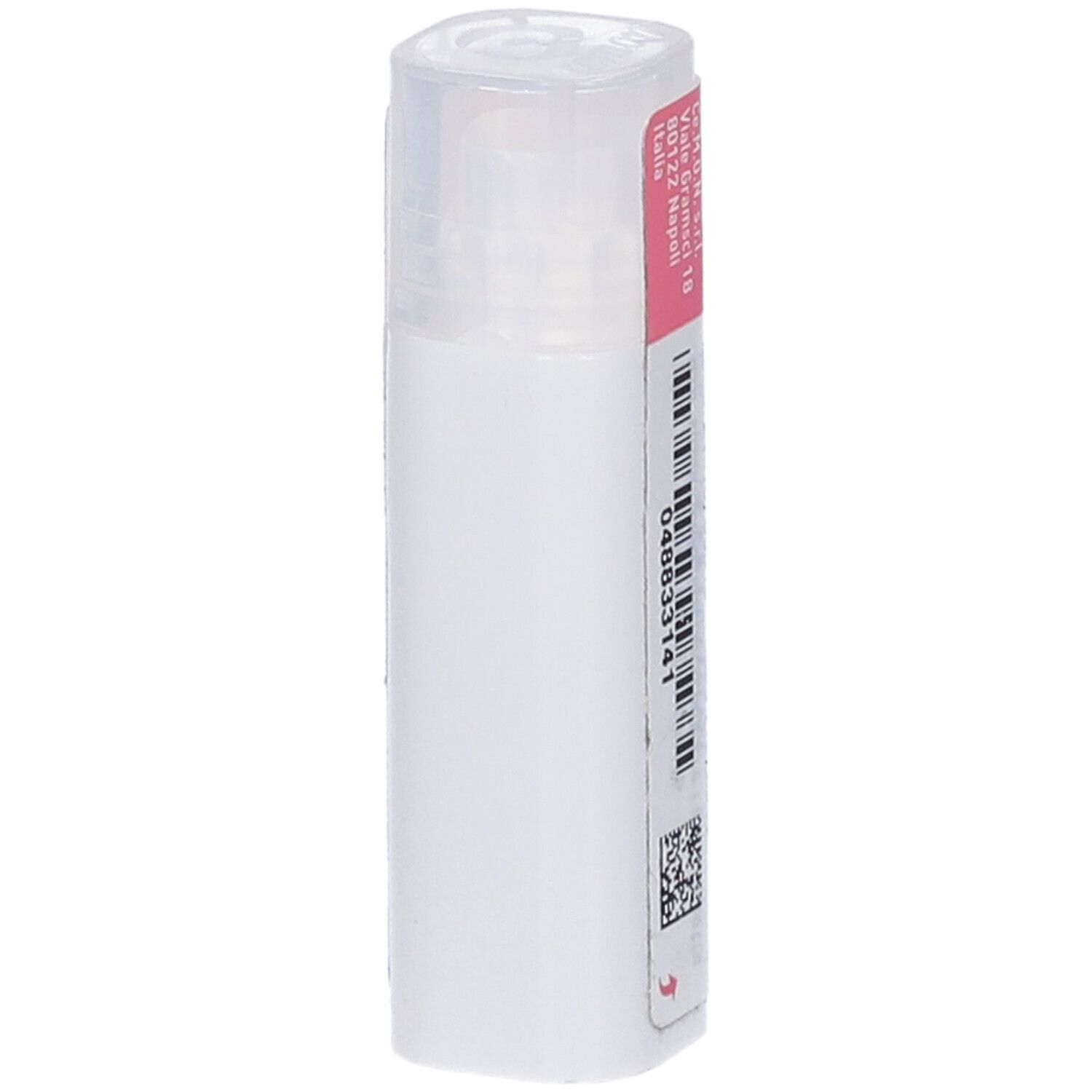 Flacone cilindrico bianco. Etichetta rosa con testo e codice a barre. Logo: Cemon.