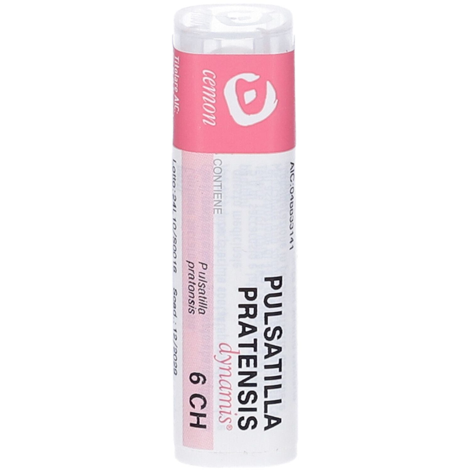 Flacone bianco con etichetta rosa. Testo: Pulsatilla Pratensis Dynamis 6 CH. Logo: Cemon. Numero di lotto e scadenza.