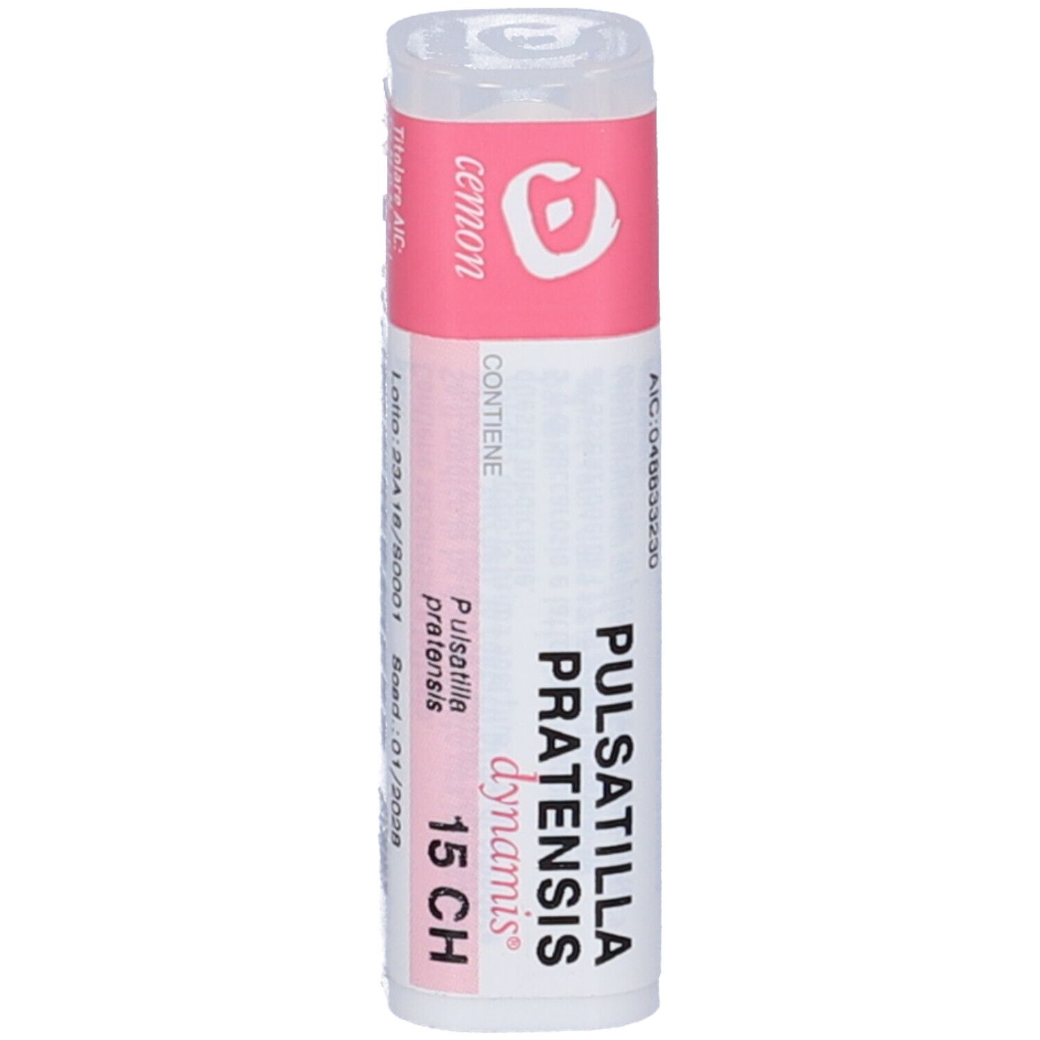 Flacone cilindrico bianco con fascia rosa. Scritta: Pulsatilla Pratensis dynamis 15 CH. Marchio: cemon.