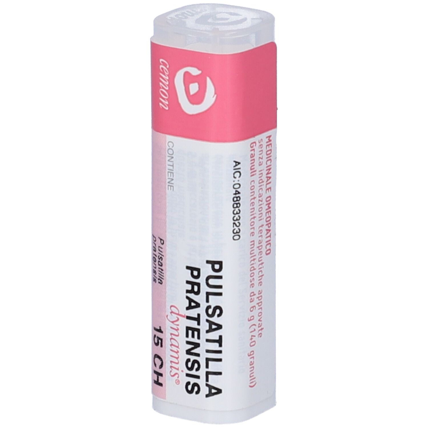 Flacone cilindrico bianco con fascia rosa. Scritta: Pulsatilla Pratensis dynamis 15 CH. Marchio: cemon.