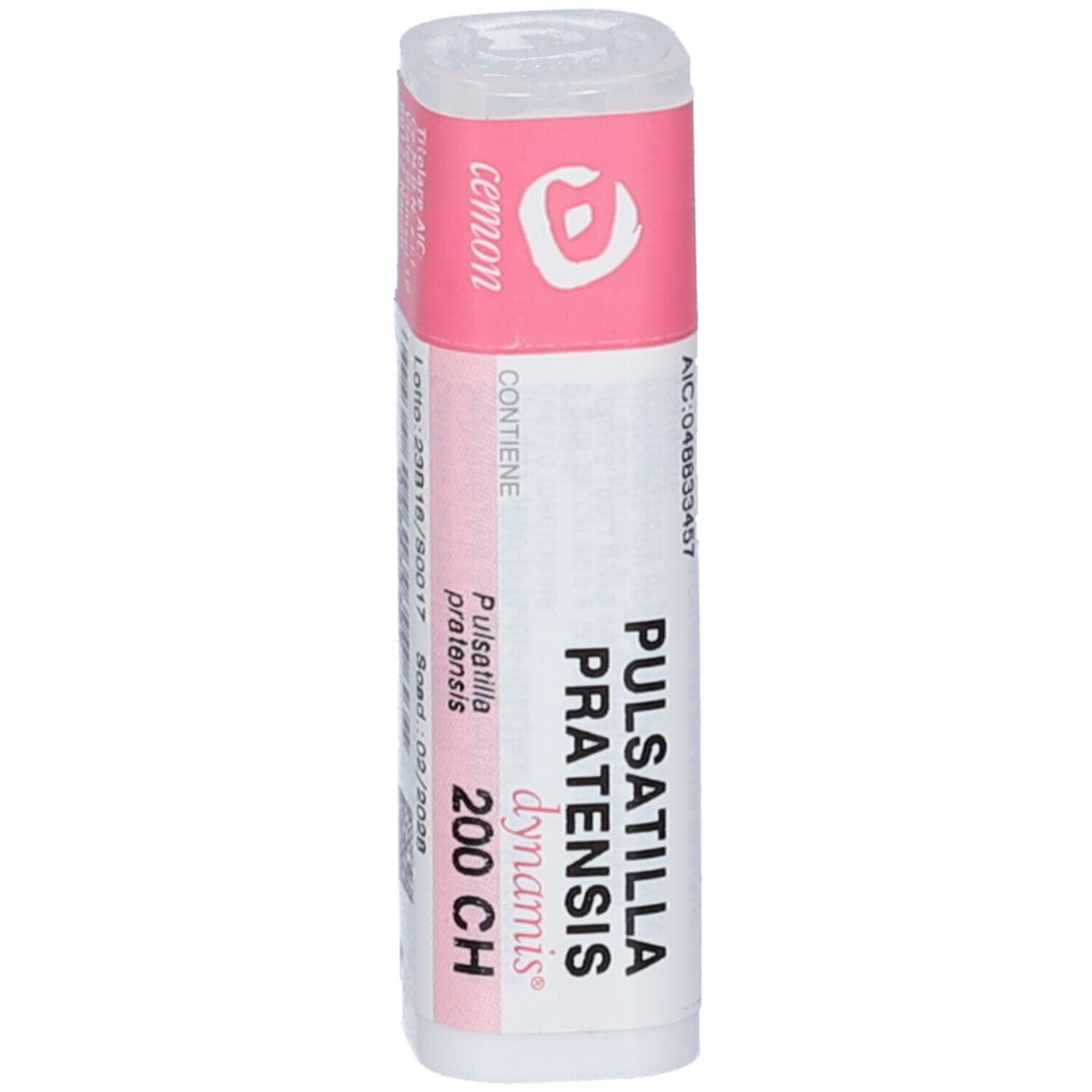 Flacone cilindrico con etichetta rosa e bianca. Scritta: Pulsatilla Pratensis dynamis 200 CH. Marchio: cemon.