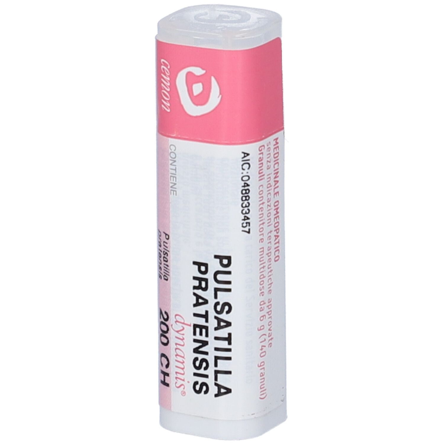 Flacone cilindrico con etichetta rosa e bianca. Scritta: Pulsatilla Pratensis dynamis 200 CH. Marchio: cemon.