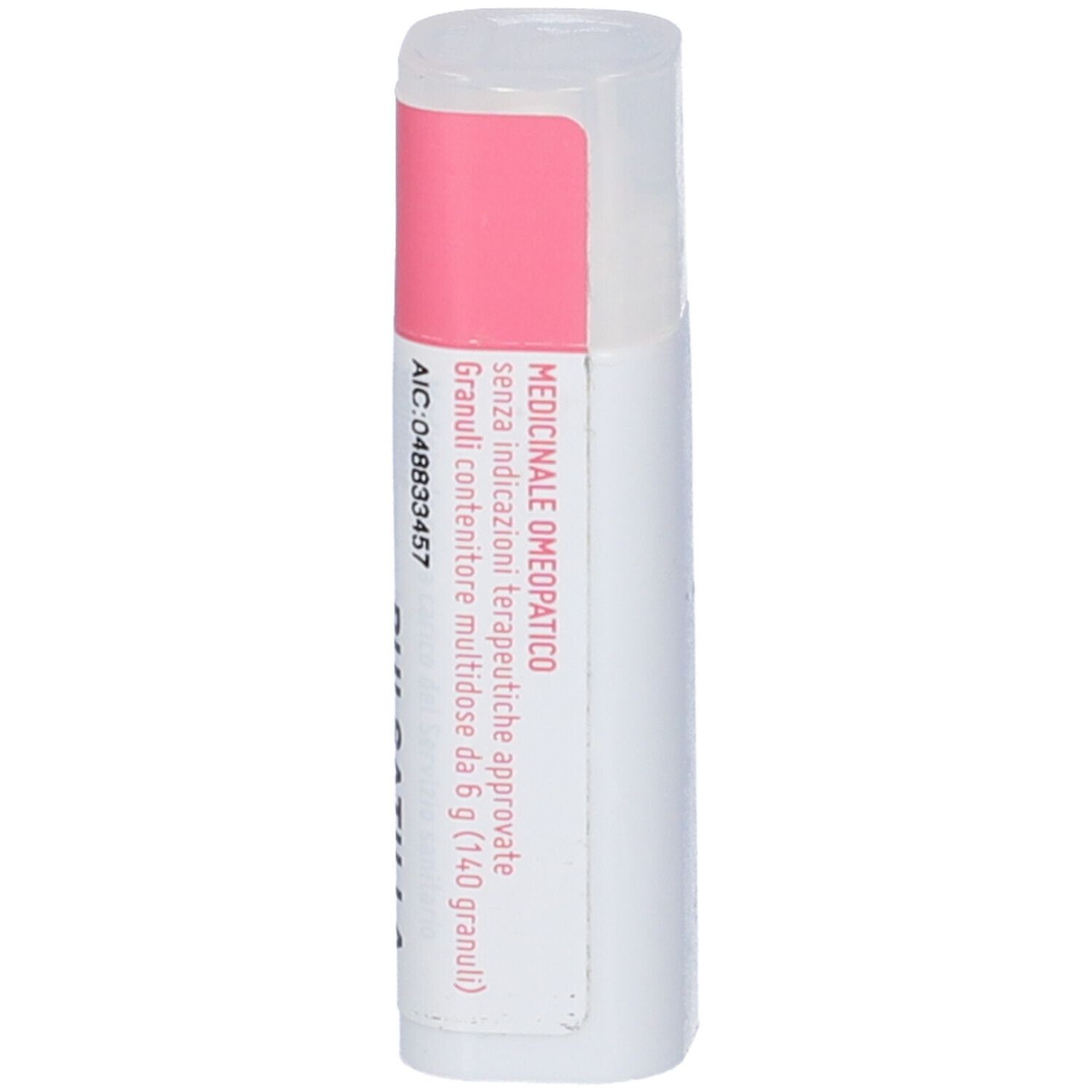 Flacone cilindrico con etichetta rosa e bianca. Testo: Medicinale omeopatico. Scritta: Pulsatilla Pratensis.