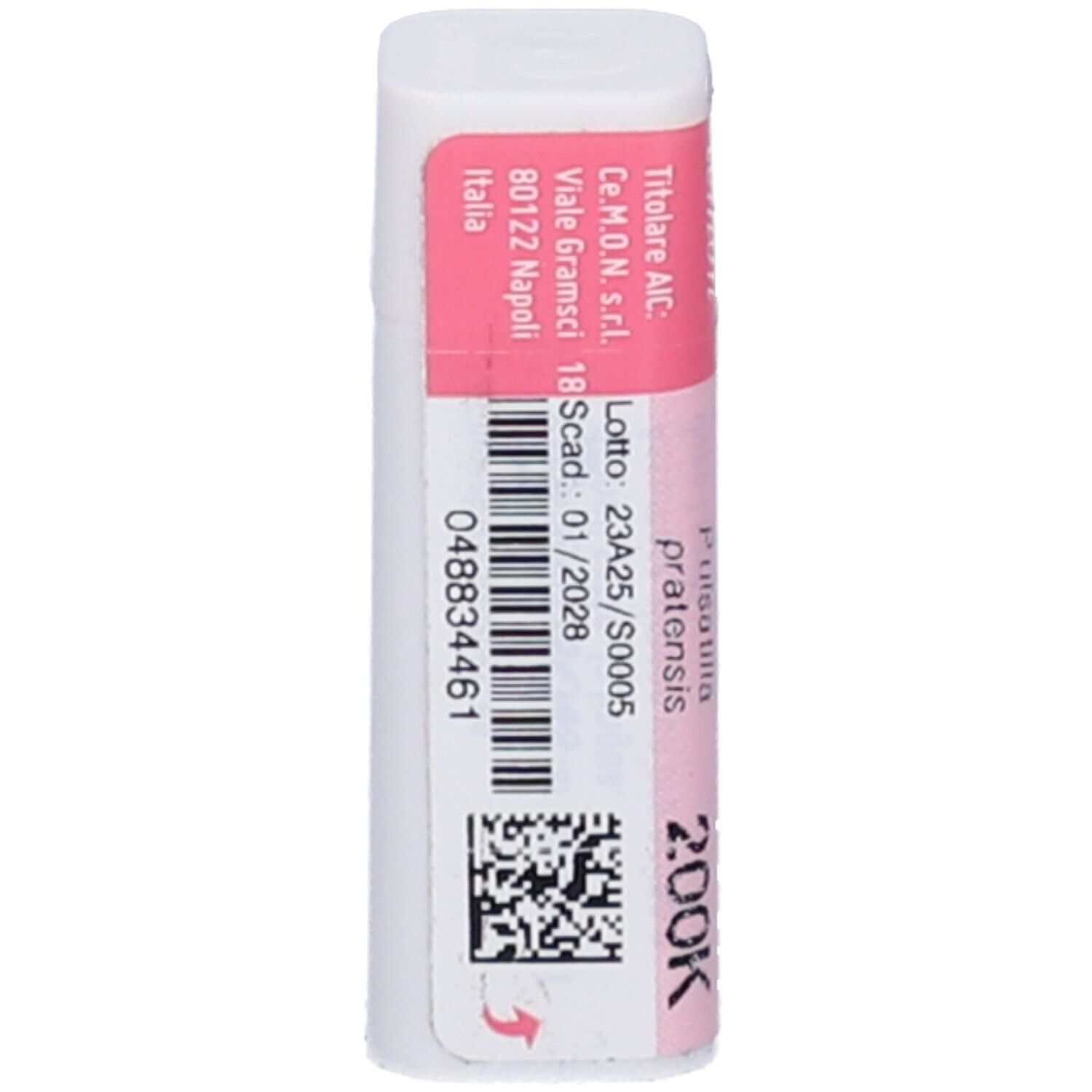 Confezione cilindrica bianca con fascia rosa. Codice a barre, testo: Lotto, scad. 01/2028, 200K.