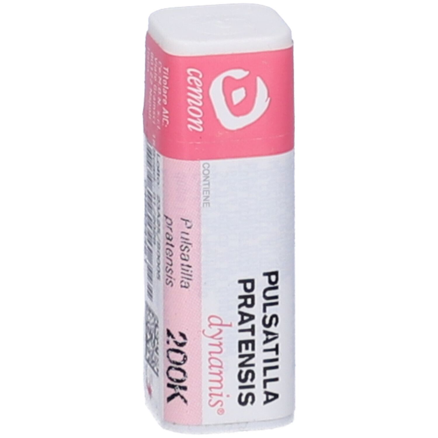 Confezione cilindrica bianca con fascia rosa. Testo: Pulsatilla Pratensis Dynamis 200K, cemon.