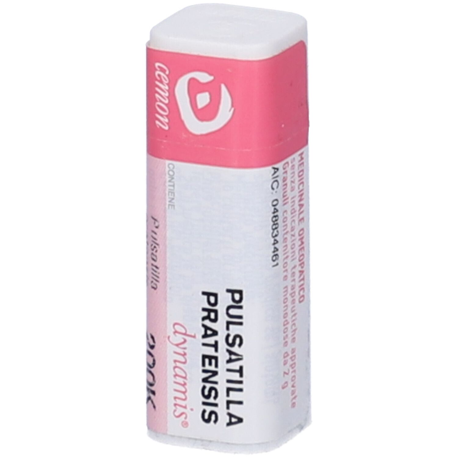 Confezione cilindrica bianca con fascia rosa. Testo: Pulsatilla Pratensis Dynamis 200K, cemon.