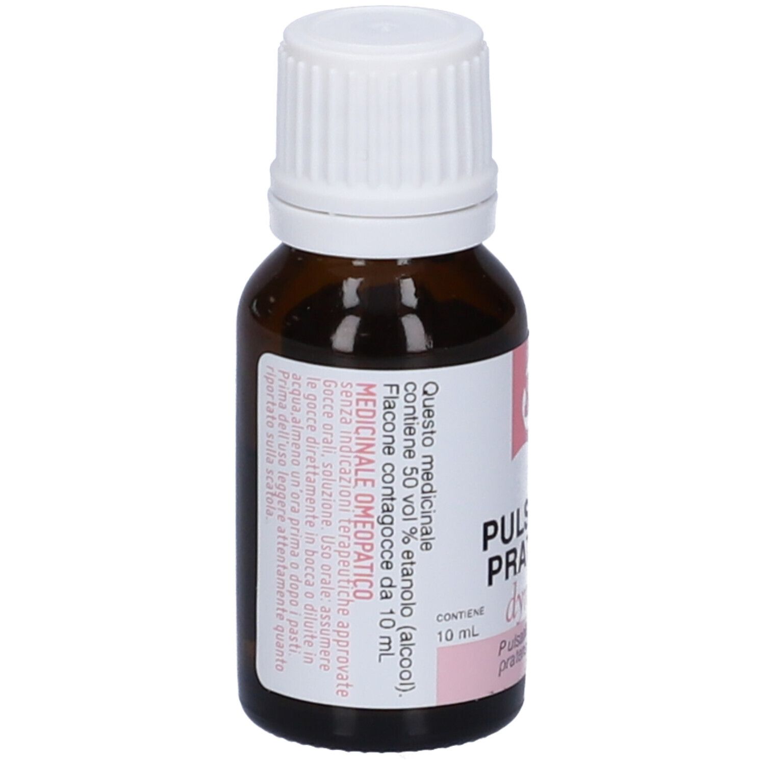 Flacone di vetro marrone con tappo bianco. Etichetta con informazioni e testo.