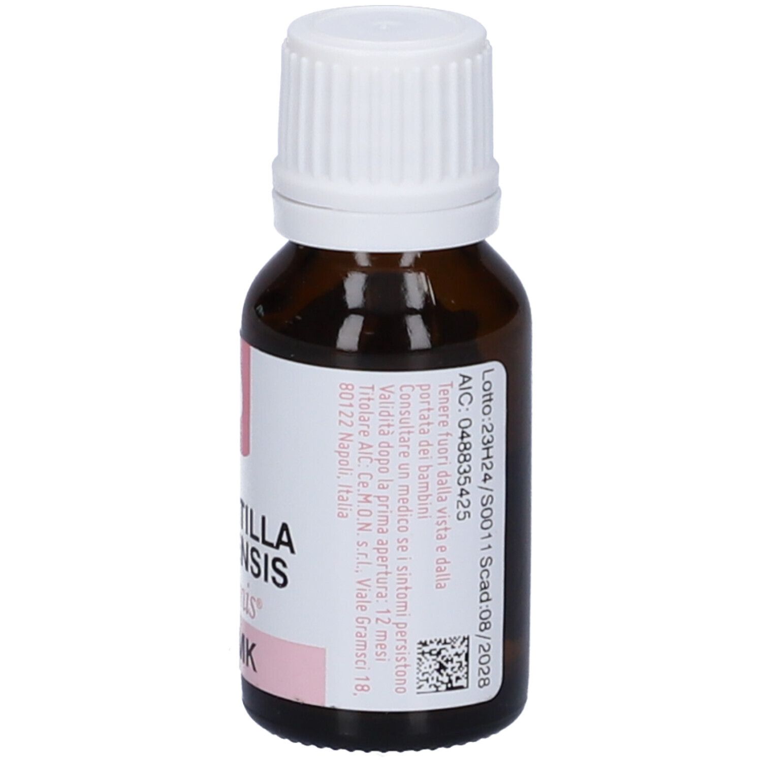 Flacone di vetro marrone con tappo bianco. Etichetta con informazioni e testo.