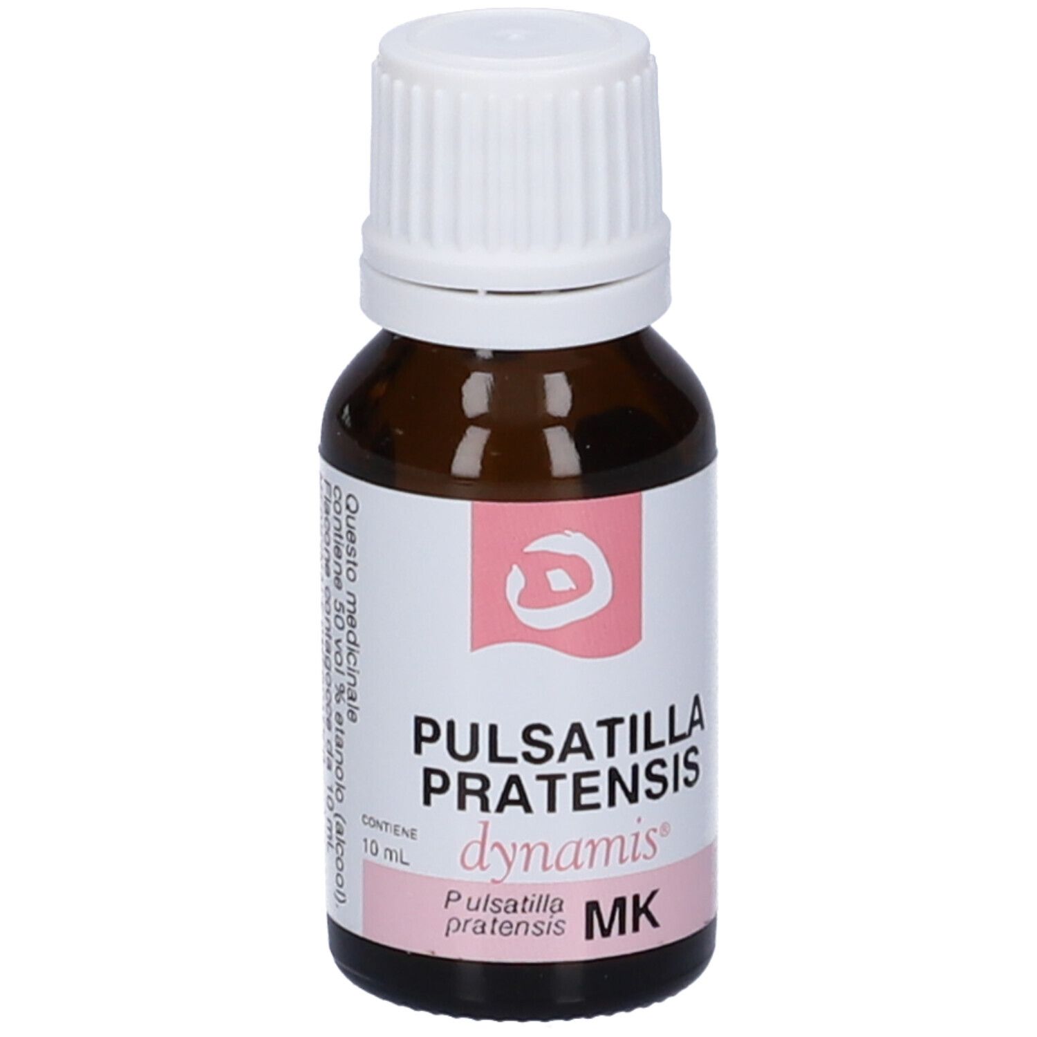 Flacone di vetro marrone con tappo bianco. Etichetta con informazioni e testo.