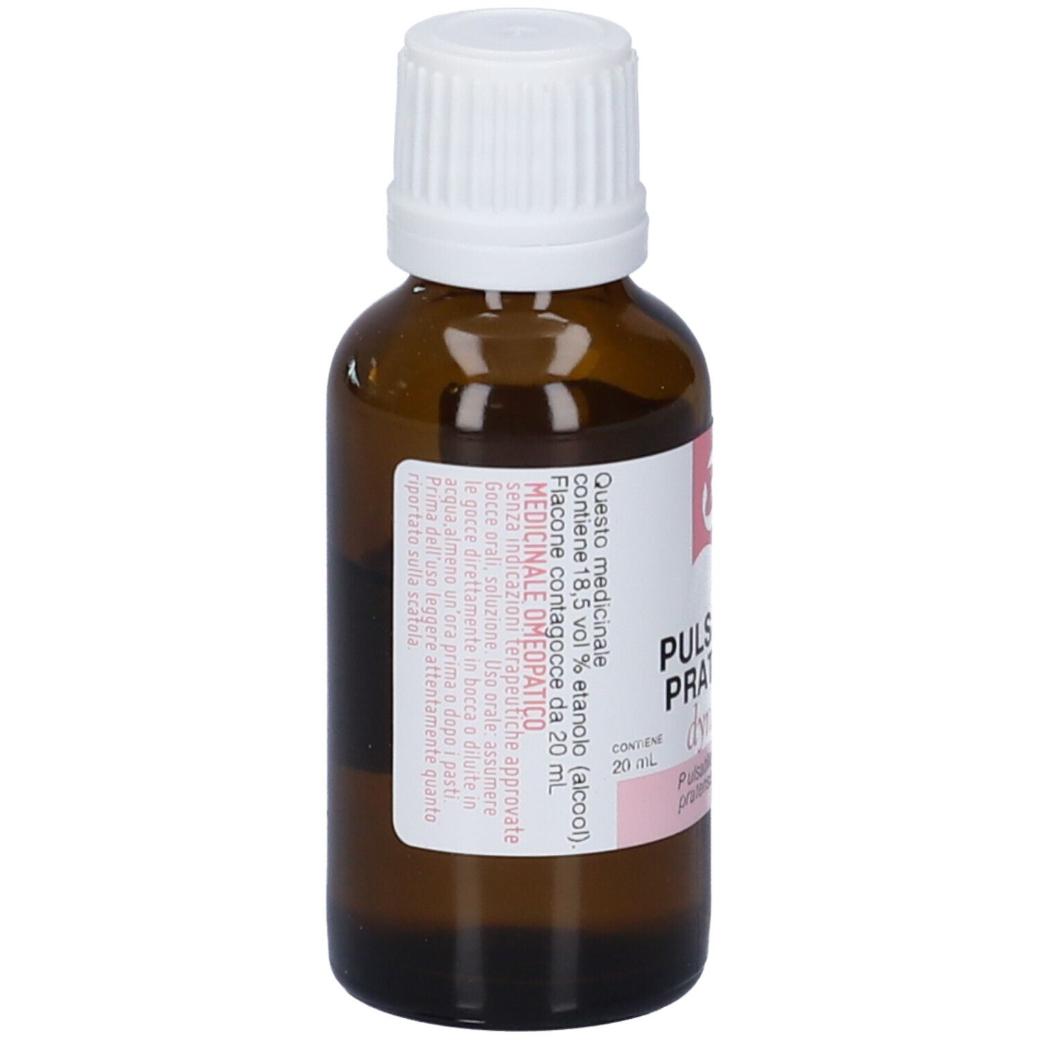 Flacone di vetro marrone con tappo bianco. Etichetta con informazioni sul prodotto e logo. Accenti rosa.