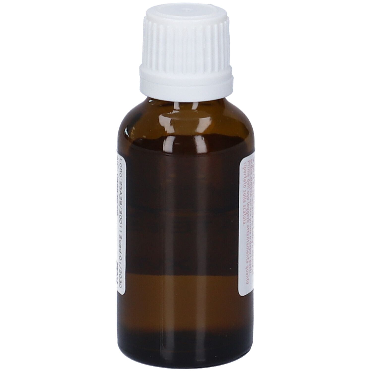Flacone di vetro marrone con tappo bianco. Etichetta con informazioni sul prodotto. Vista laterale.