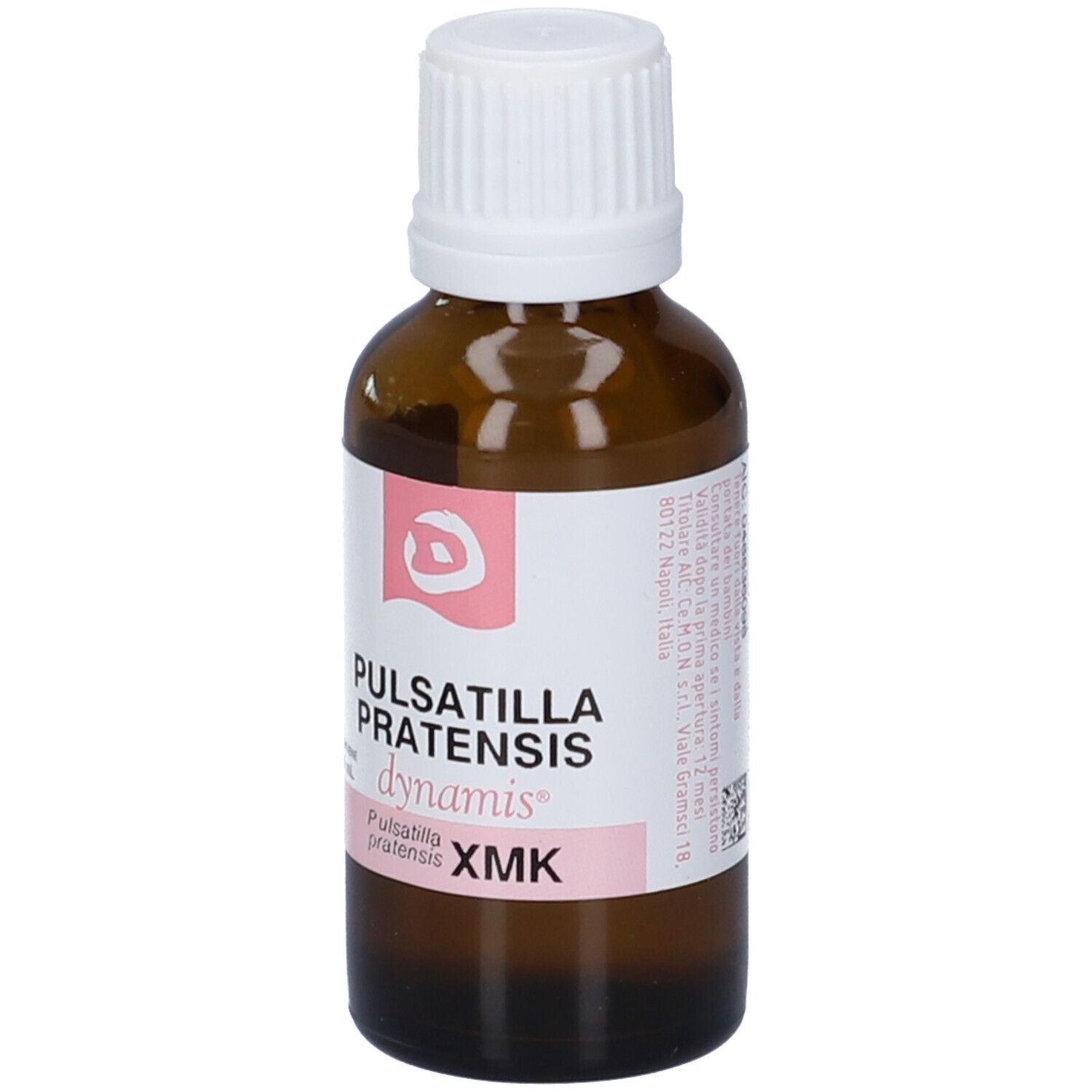 Flacone di vetro marrone con tappo bianco. Etichetta con nome del prodotto e logo. Accenti rosa.