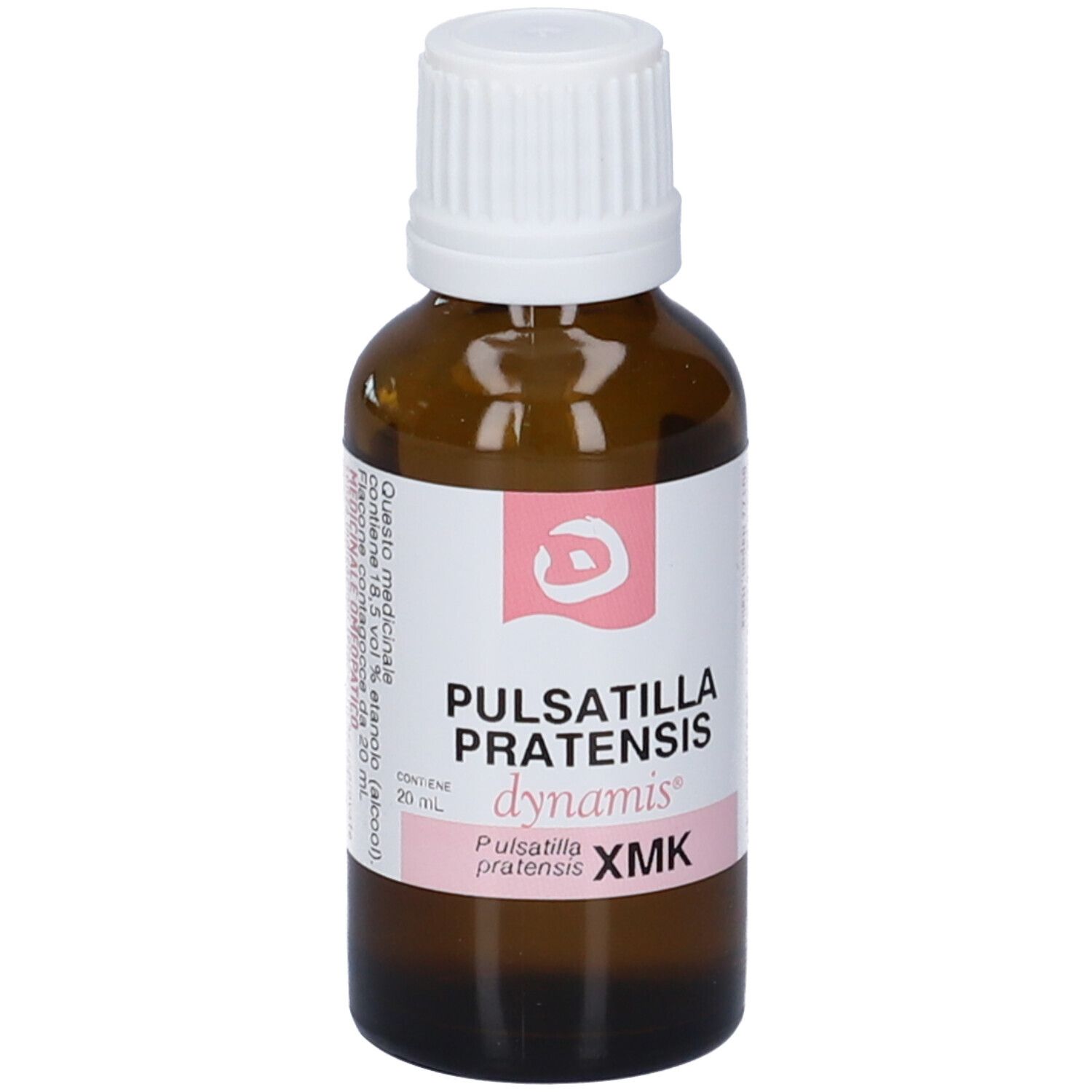 Flacone di vetro marrone con tappo bianco. Etichetta con nome del prodotto e logo. Accenti rosa.