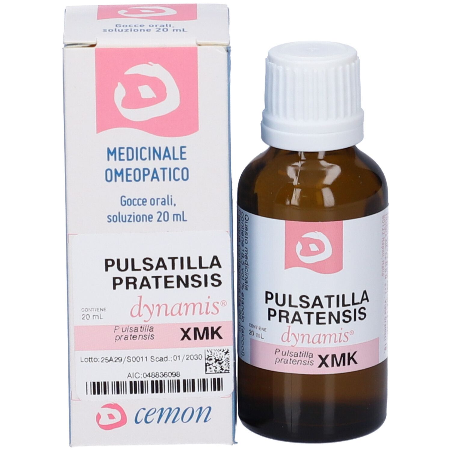 Flacone e confezione del prodotto. Flacone marrone, tappo bianco. Scatola con informazioni sul prodotto.