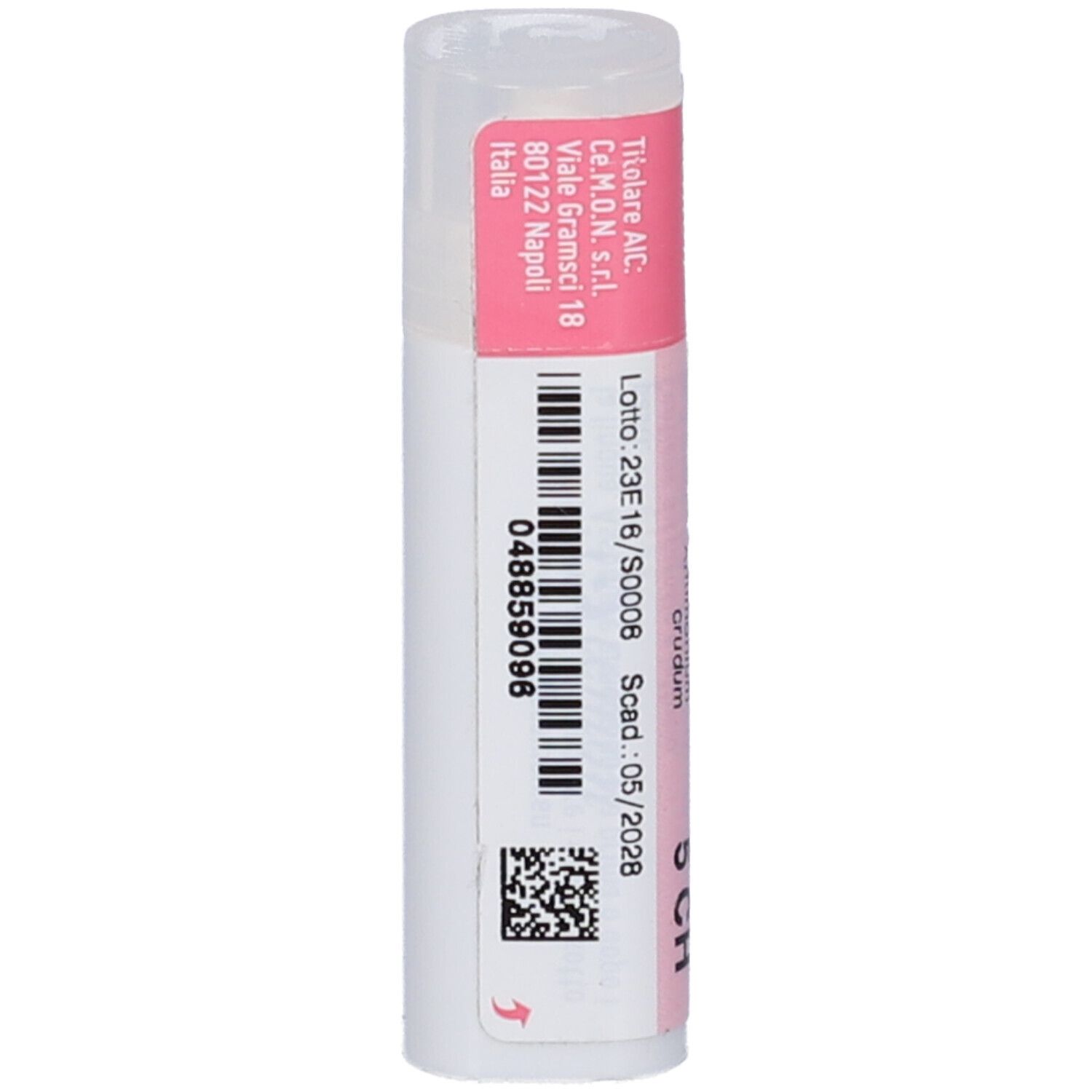 Contenitore cilindrico bianco con etichetta rosa. Codice a barre e testo. Scritta: Antimonium Crudum 5 CH. Indirizzo del produttore.