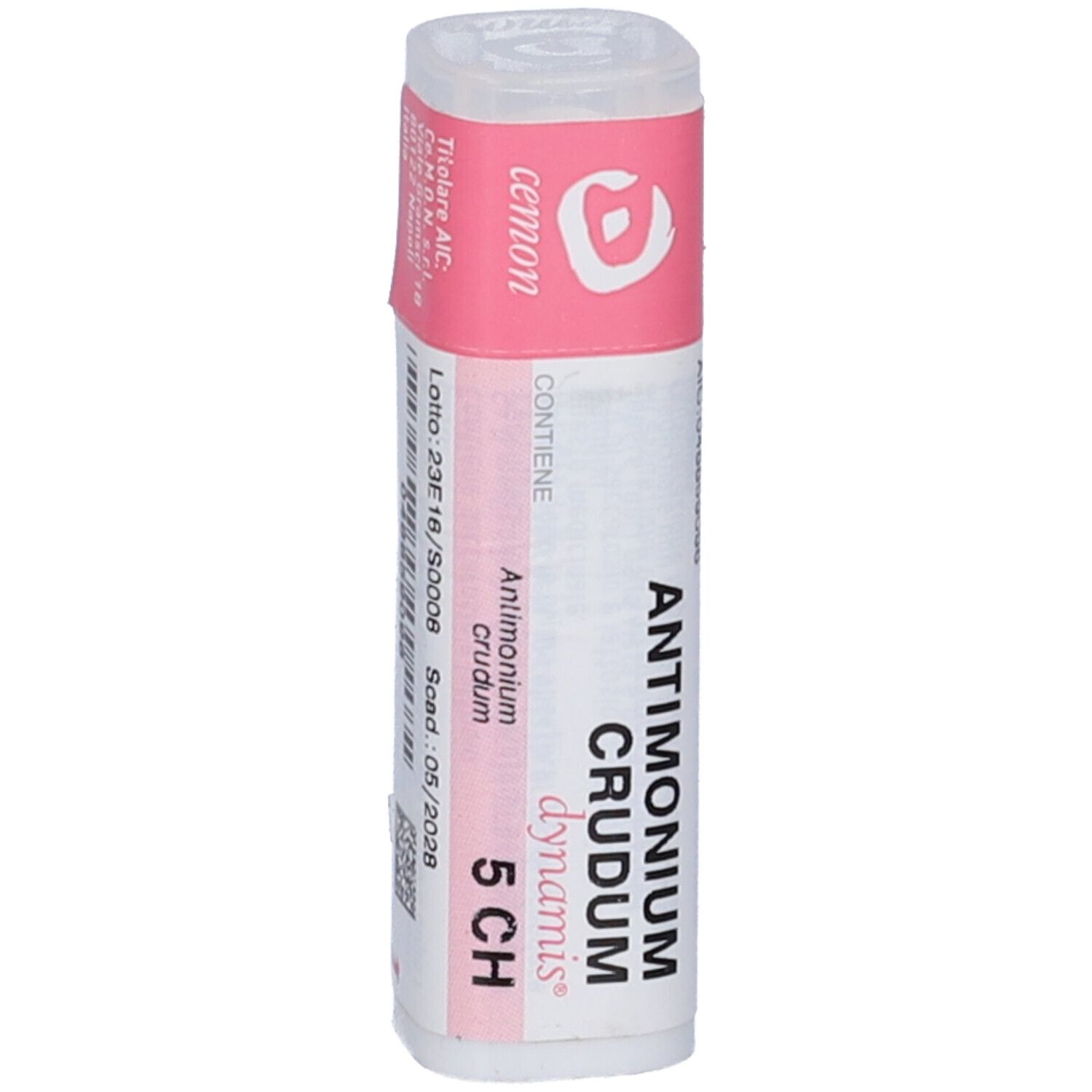 Contenitore cilindrico bianco con etichetta rosa. Scritta: Antimonium Crudum 5 CH, Cemon, Dynamis. Tappo con apertura.
